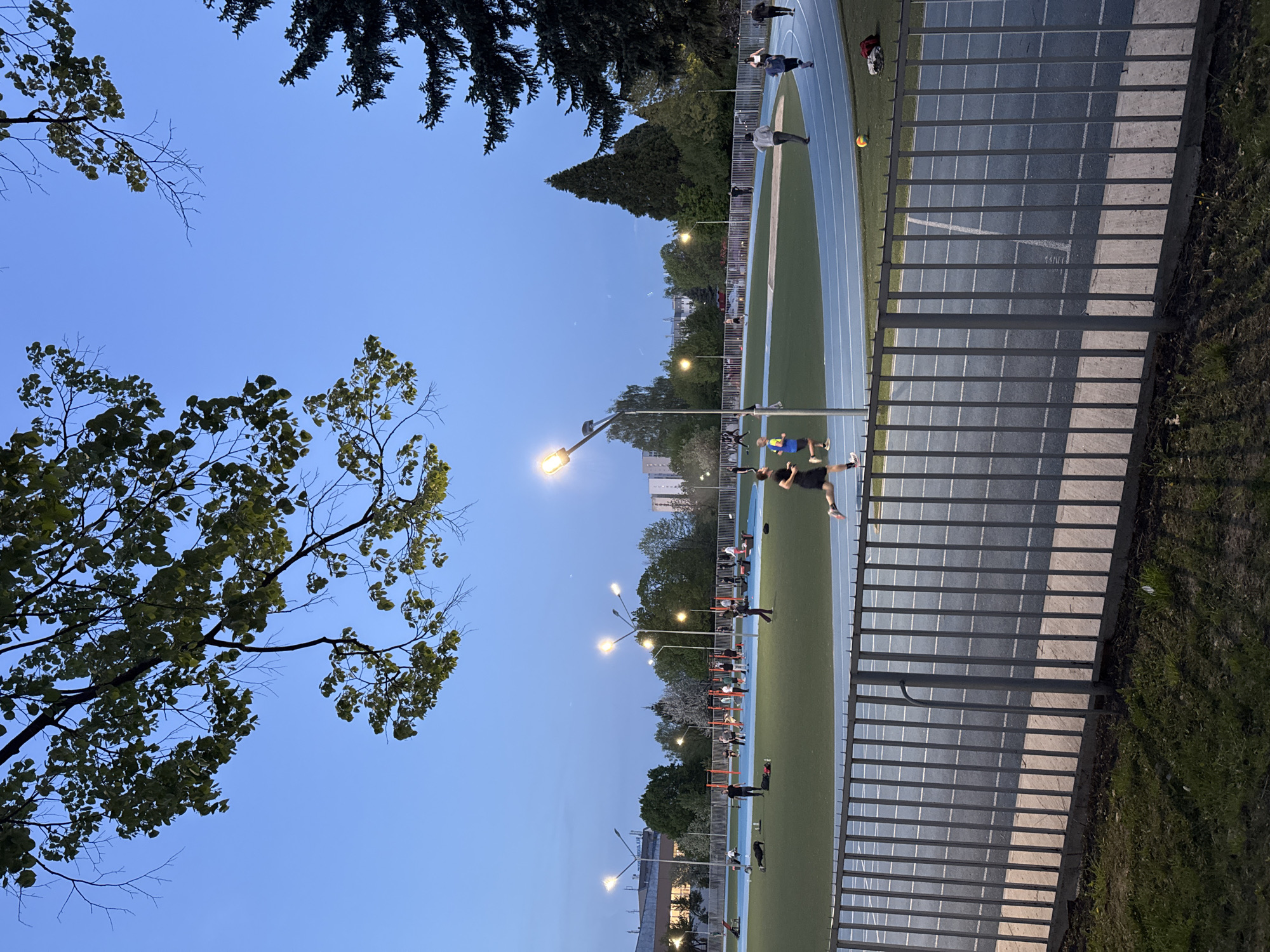 The image depicts an outdoor sports facility in Sofia, Bulgaria, captured at twilight. The sky is a clear, deep blue, suggesting either early evening or pre-dawn, with several streetlights illuminated across the scene.
The primary setting is a blue running track with white lane markings, positioned next to a green artificial turf field. A tall, dark metal fence with vertical bars runs along the right side of the frame, offering a partial view of the field and track. Beyond the fence, a grey paved area with some sparse grass is visible. Faint white text, including the word "START," is discernible on the grey surface directly behind the fence.
Several people are present on the track and turf, engaged in various forms of exercise or recreation. On the blue track, an individual in dark clothing appears to be stretching or warming up. Other figures are scattered across the track and turf, some standing, some walking, and one person performing what looks like a jump or calisthenics on the green field near the fence. A yellow ball and a red bag are also visible on the green turf.
In the foreground on the left, a large deciduous tree with green leaves partially frames the scene. More trees, both deciduous and coniferous, along with urban buildings, are visible in the background beyond the sports ground. The weather is clear, and the overall impression is one of calm activity as people utilize the facility during the cooler hours of the day.