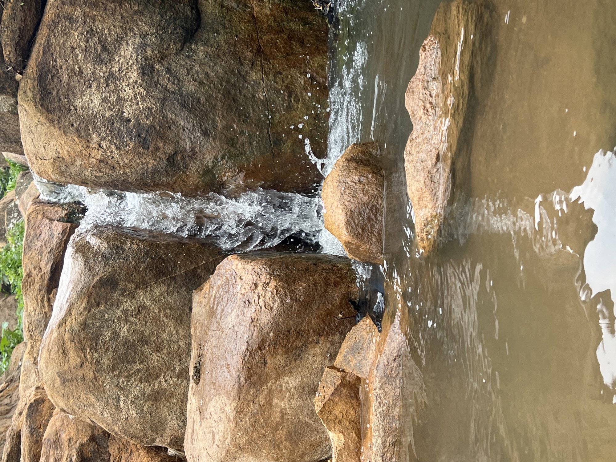 The image depicts a small waterfall cascading over large, reddish-brown rocks into a pool of murky water. The rocks are varied in size and texture, some smooth and others rough, with patches of moss and lichen visible. The water is calm in the pool, reflecting the surrounding rocks and vegetation. In the foreground, several smaller rocks are submerged in the water. A small, dark object, possibly a frog or a dark-colored rock, rests on a wet, flat rock in the mid-ground. In the background, lush green vegetation can be seen at the top of the rock formation. The lighting suggests an overcast day or shaded conditions. This natural scene is likely located in a rocky area with a natural water source within the city of Jos, Nigeria, possibly within a park or a less developed natural reserve. There are no people or specific identifiable landmarks present in the image to pinpoint a more precise location within Jos.
