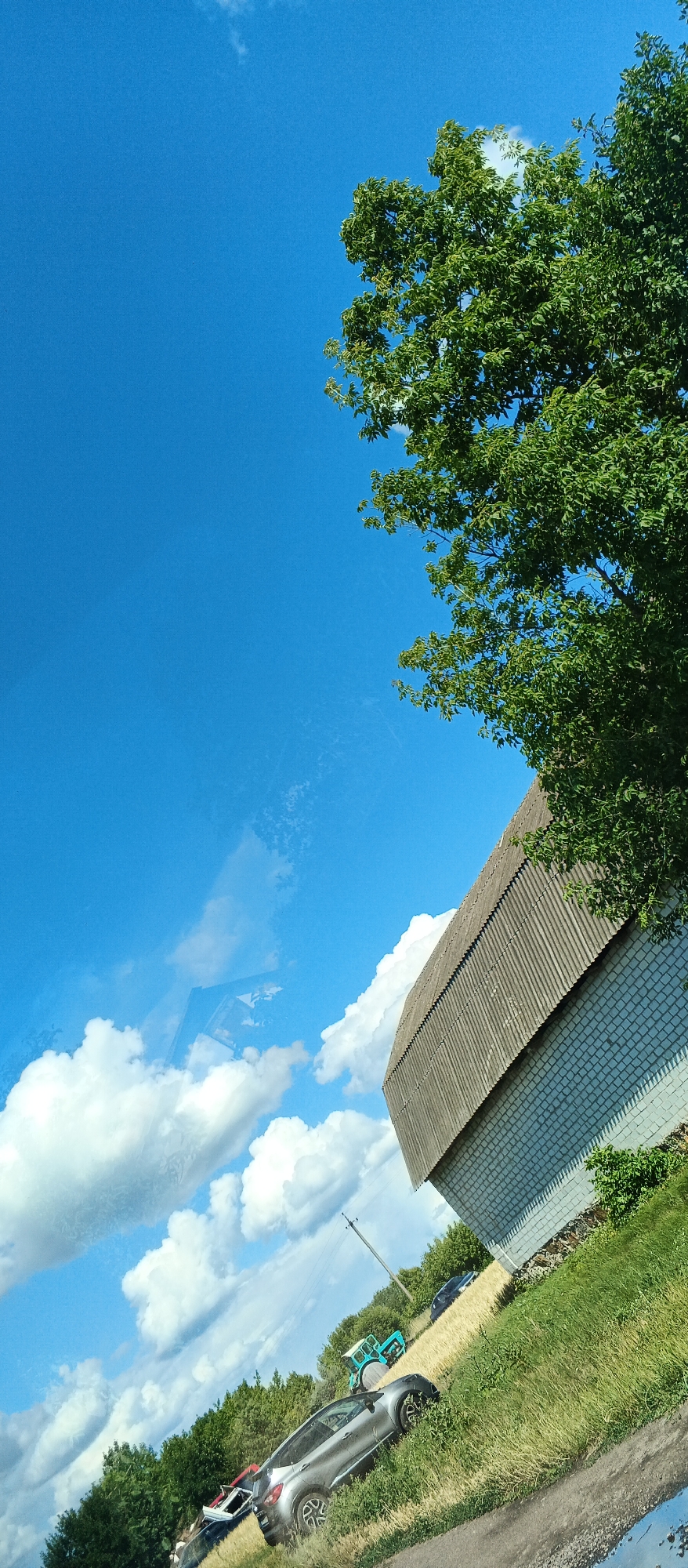 This is an outdoor, full-frame, vertical, eye-level shot of a building with a corrugated roof and brick walls, seen from an angle. A large tree with green leaves extends from the upper right corner of the frame, casting a shadow. The sky is a clear blue with some fluffy white clouds. In the foreground, there are several cars and a blue tractor parked on a grassy incline. The scene appears to be in Ternivka, Ukraine.