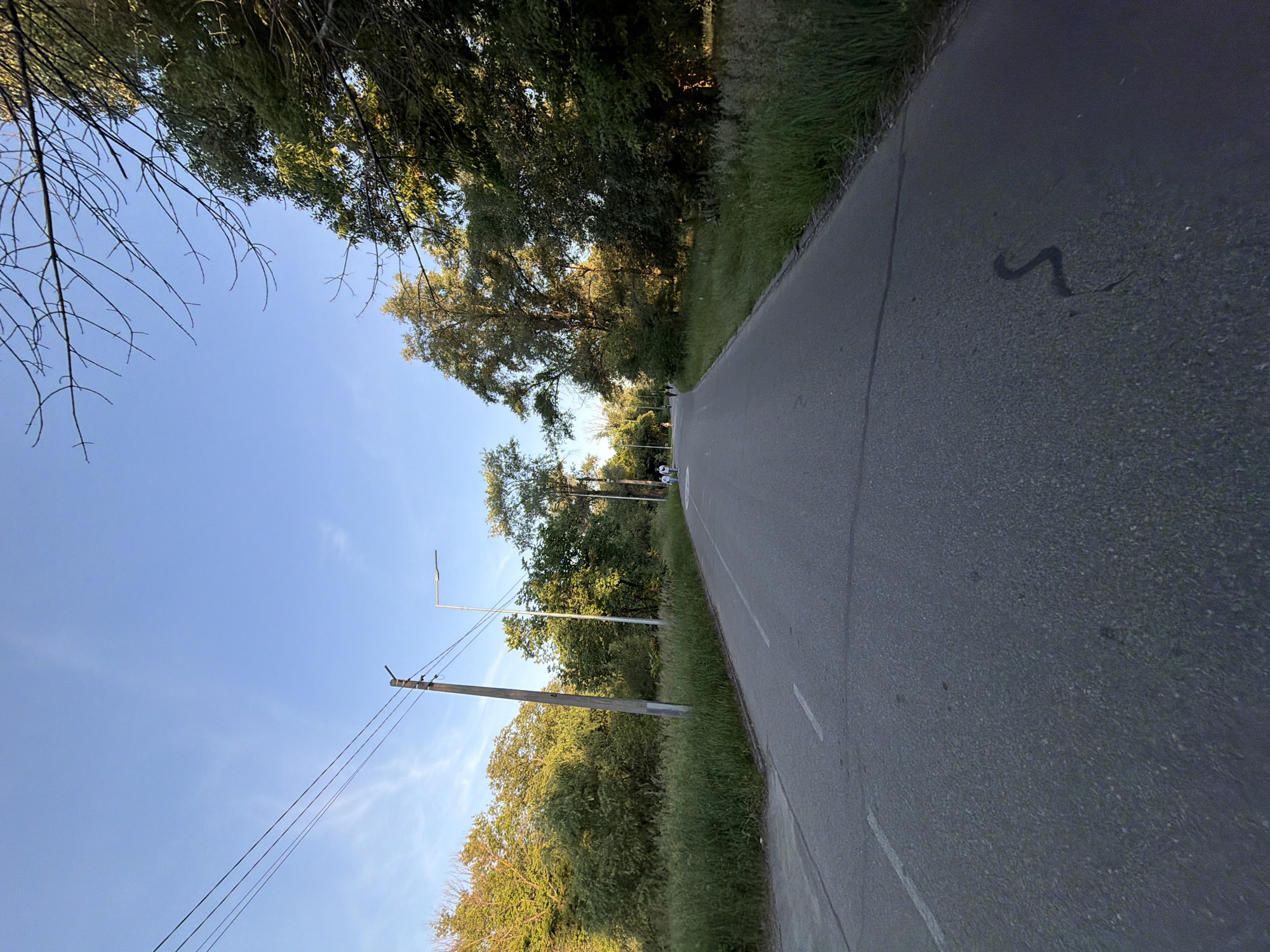 The image shows a paved path, likely a road or cycling lane, in a park-like setting. The path is bordered by lush green grass and trees on both sides, with some of the trees casting shadows. Overhead, there are power lines supported by a wooden pole. The sky is clear and blue, suggesting a sunny day. In the distance, a few people can be seen walking or cycling on the path. The scene is tranquil and appears to be located in a recreational area within the city of Kyiv, Ukraine, possibly a park or a trail.