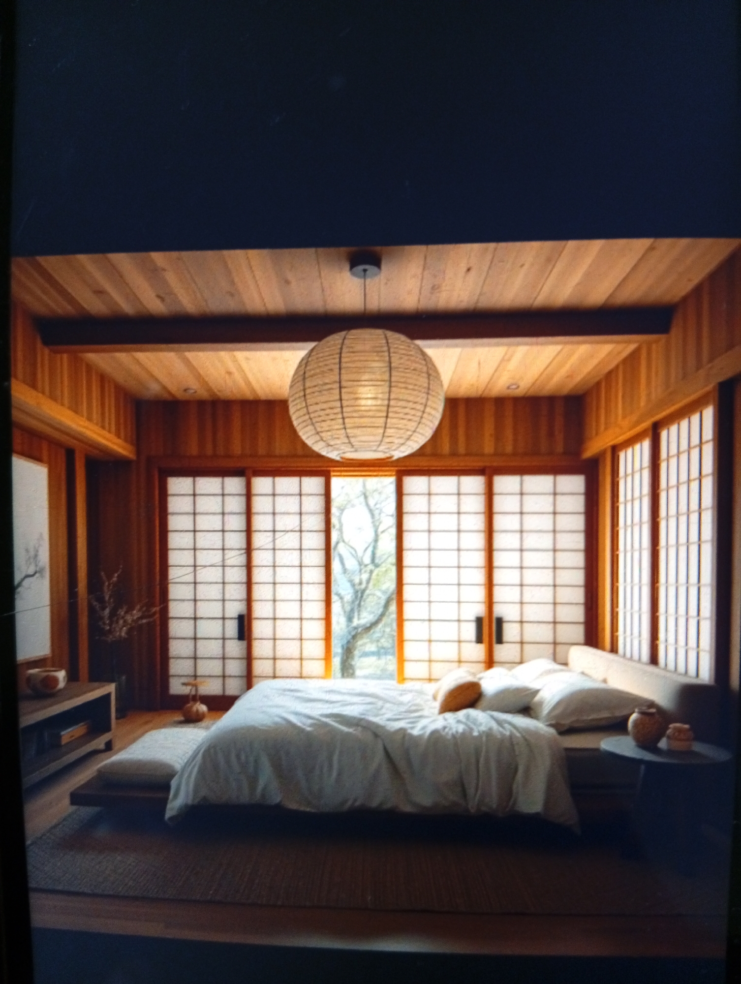 The image depicts an interior bedroom with a Zen or Japanese-inspired aesthetic. Dominating the scene is a low platform bed with a light-colored comforter and pillows. A large, round paper lantern hangs from the wooden planked ceiling, providing ambient light. The room is defined by wood paneling and shoji-style sliding doors or windows, with a view to the outside partially visible through the central opening. A small side table sits next to the bed, and a low media console is positioned to the left. A woven rug covers the floor. This scene is highly stylized and appears to be a design photograph, rather than a real location. Therefore, it's unlikely that this specific room exists in Dutsen Alhaji, Nigeria.