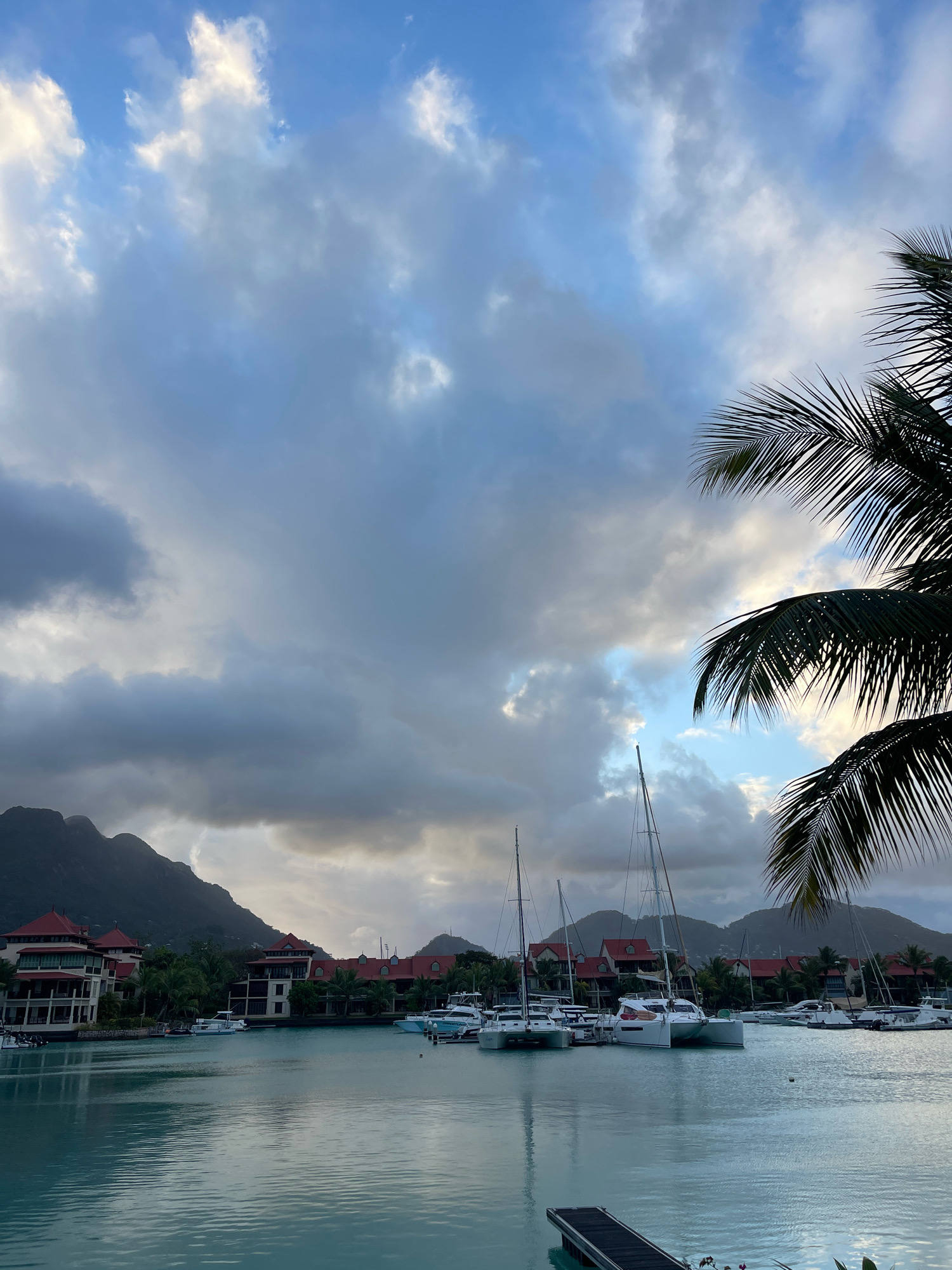 The image shows a serene view of a marina in Providence, Seychelles, at dusk. The sky is a canvas of dramatic clouds, with patches of blue peeking through, hinting at the end of a potentially stormy day. The water of the marina is calm and reflects the muted colors of the sky and the surrounding buildings.
On the waterfront, a row of buildings with red-tiled roofs lines the bay. These appear to be residential or hotel complexes, with balconies overlooking the water. Several boats are docked in the marina, including a number of sailboats with tall masts and a few smaller motorboats. The boats are a mix of white and other neutral colors, contrasting with the red roofs of the buildings.
In the foreground, to the right, the dark fronds of a palm tree extend into the frame, providing a natural framing element and reinforcing the tropical setting. The mountains in the background are shrouded in a soft, dark haze, suggesting a significant distance and possibly more cloud cover over the land. The overall atmosphere is tranquil and peaceful, capturing a moment of quiet beauty as the day transitions into night. There are no people visible in the image.