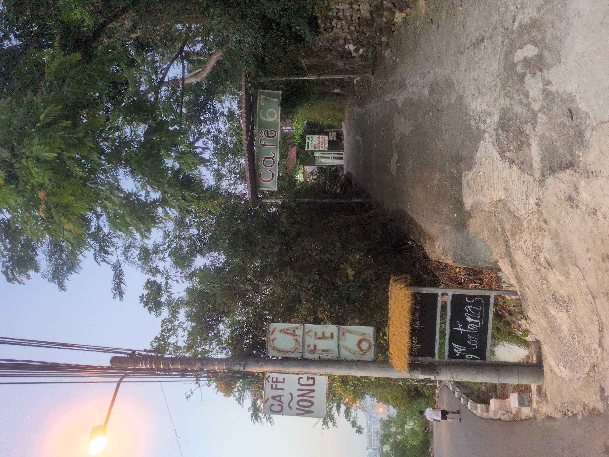 This image depicts a street scene leading towards "Cafe 67" in South Quy Nhon Ward, Vietnam. There are several signs, including one that reads "CA FE VONG" and another with "Coffee farm home Mortanas." A man is walking along the road. The environment is characterized by lush trees and foliage. The road appears to be paved and leads upward. There is a concrete wall to the right of the road. Overhead, power lines and a street lamp are visible.