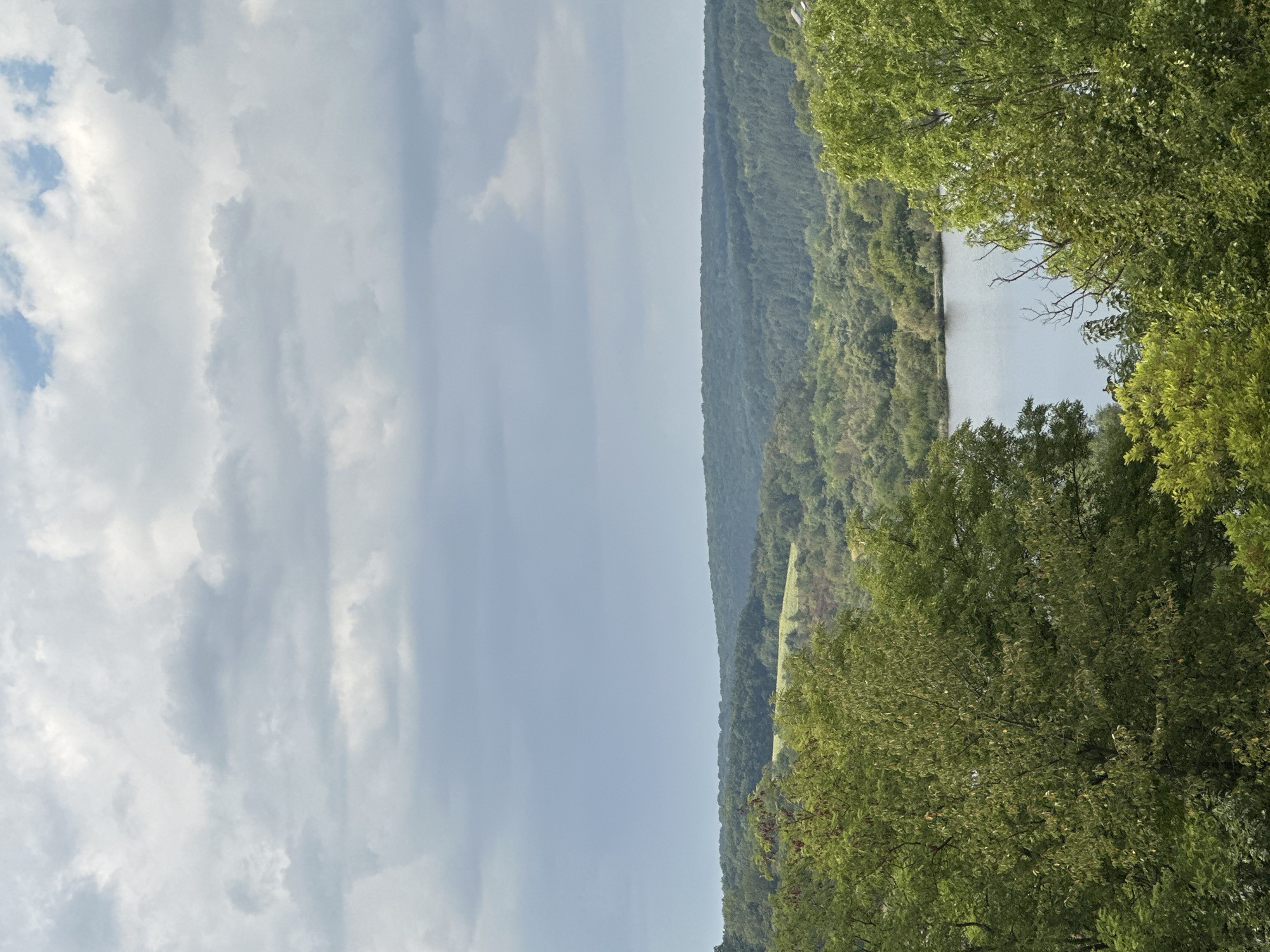 The image captures a serene landscape with a body of water in the mid-ground, surrounded by lush green trees and rolling hills. The sky above is filled with a mix of grey and white clouds, suggesting an overcast day. The foreground is dominated by dense foliage of trees with varying shades of green leaves. The location is identified as the city of Makiv, Ukraine. The scene is devoid of any people or specific actions. The environment is natural and tranquil, showcasing the picturesque scenery of the area.