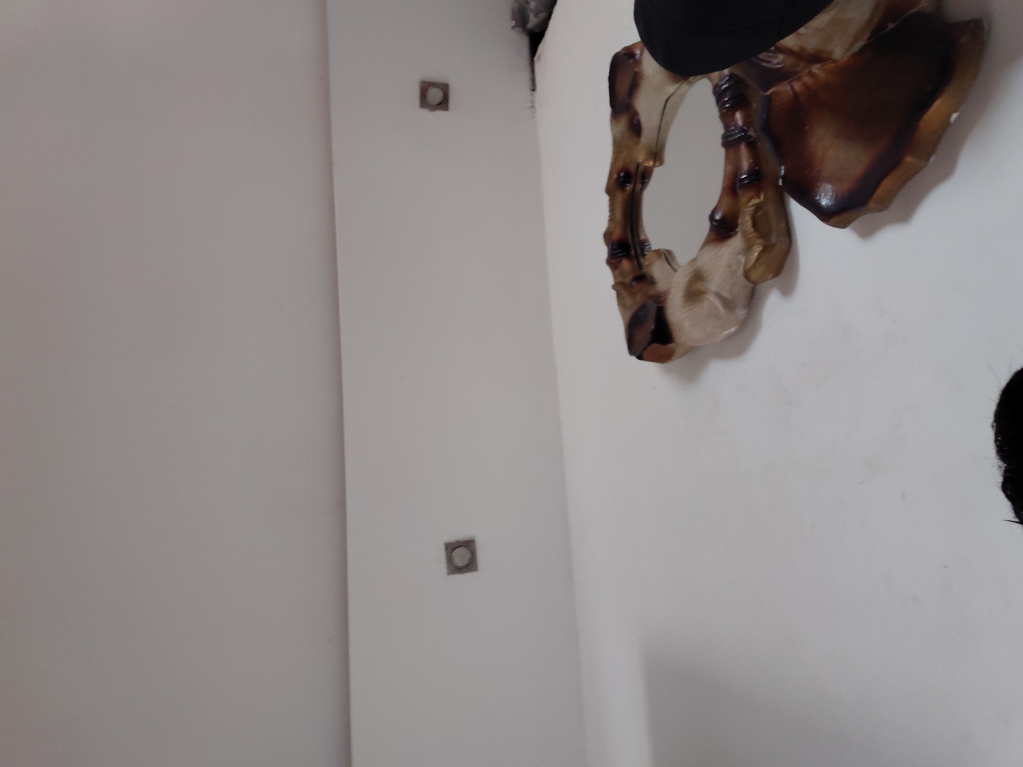 The image displays an indoor corner where two plain, light-colored walls meet. The wall on the left, possibly white or off-white, features two small, square, greyish fixtures vertically aligned, each with a lighter circular center. These could be electrical outlets, sensors, or embedded decorative elements.
On the adjacent right wall hangs a prominent decorative object, appearing to be a mirror or a reflective piece with an ornate, organic-shaped frame. The frame exhibits rich, dark brown tones, resembling carved wood or bamboo, with lighter tan or beige sections. Its irregular form suggests a natural or rustic aesthetic.
A black, indistinct object is partially visible at the top, resting near or above the decorative piece, possibly a hat or an item of clothing. Another dark, abstract shape is partially visible in the bottom right corner of the image. The lighting appears soft and even, typical of an indoor environment. No specific activity is depicted, and there is no visible text. The scene is located in Santa Ana, Venezuela.