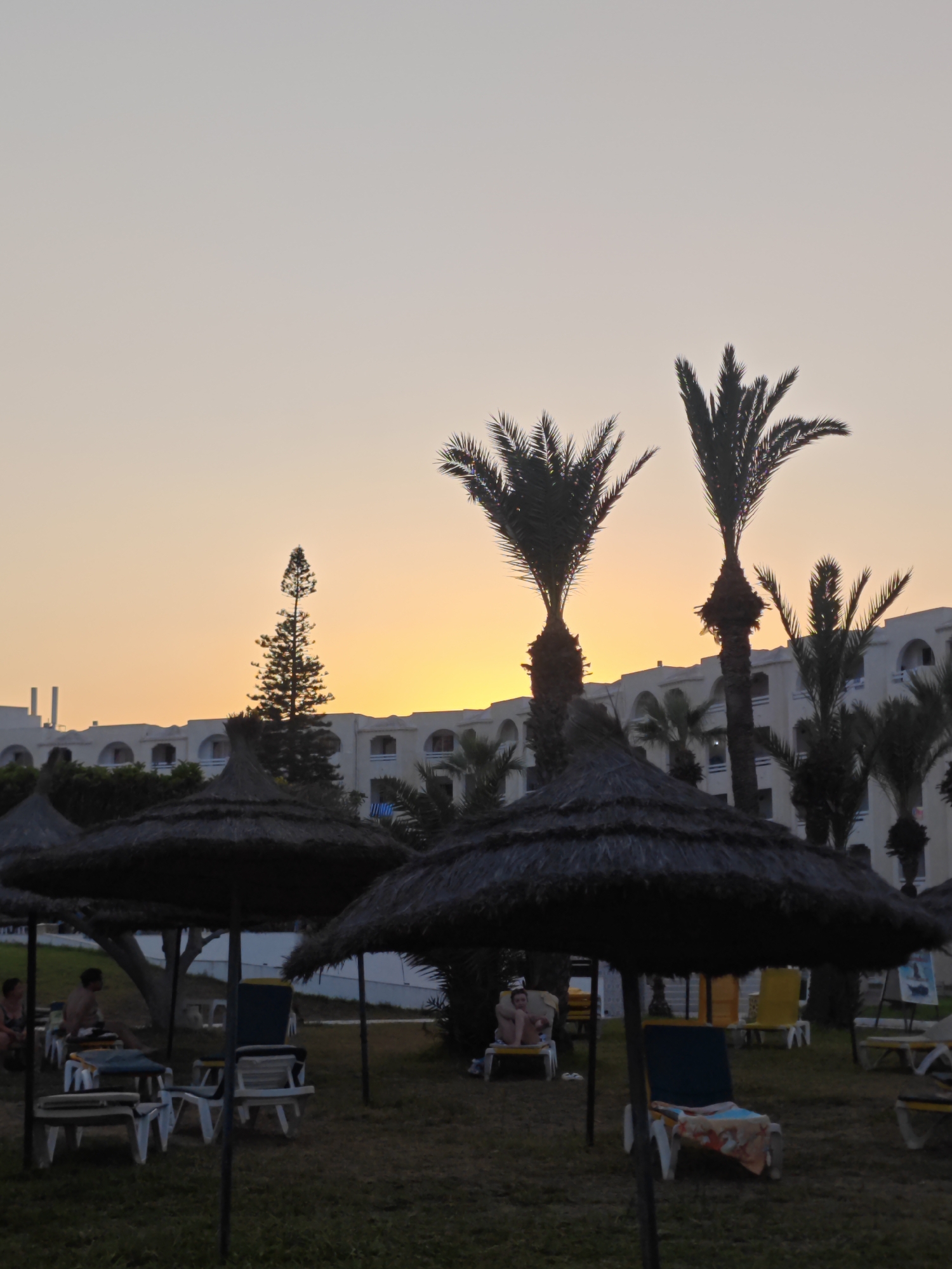 The image depicts a beach resort area in Mahdia, Tunisia, at dusk. In the foreground, several thatched umbrellas and lounge chairs are scattered on a grassy area. Palm trees are visible throughout the scene. In the background, a multi-story building, likely a hotel, stands behind the trees. The sky is a gradient of orange and yellow, indicating the setting sun. A few individuals are seen relaxing on lounge chairs.