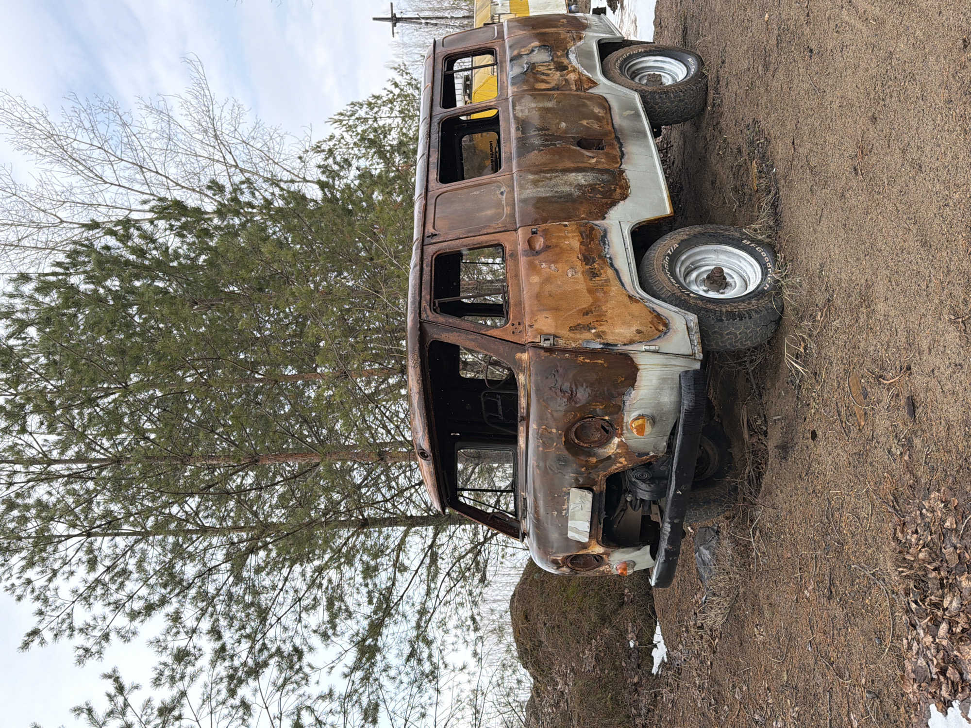 The image depicts a severely damaged, possibly burned-out, van located outdoors in a natural setting that includes trees and dirt. The vehicle's paint is heavily scorched and rusted, with many windows missing. Tires appear intact. The location is Noviy, Russia. There are no people visible. The environment suggests a rural or semi-rural area. The image focuses primarily on the derelict vehicle.