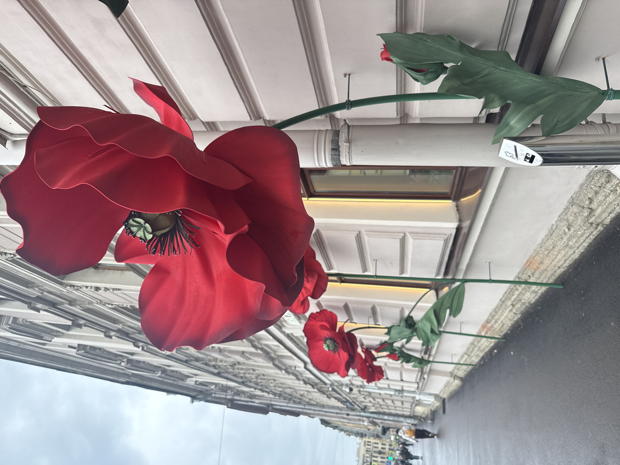 The image shows a street in Saint Petersburg, Russia, decorated with large artificial red poppy flowers. The flowers are attached to the buildings along the street, creating an immersive display. The street appears to be wet, possibly from recent rain. There are people walking on the sidewalk in the distance. The buildings are typical of Saint Petersburg architecture, with light-colored facades and ornate details. The sky is overcast.