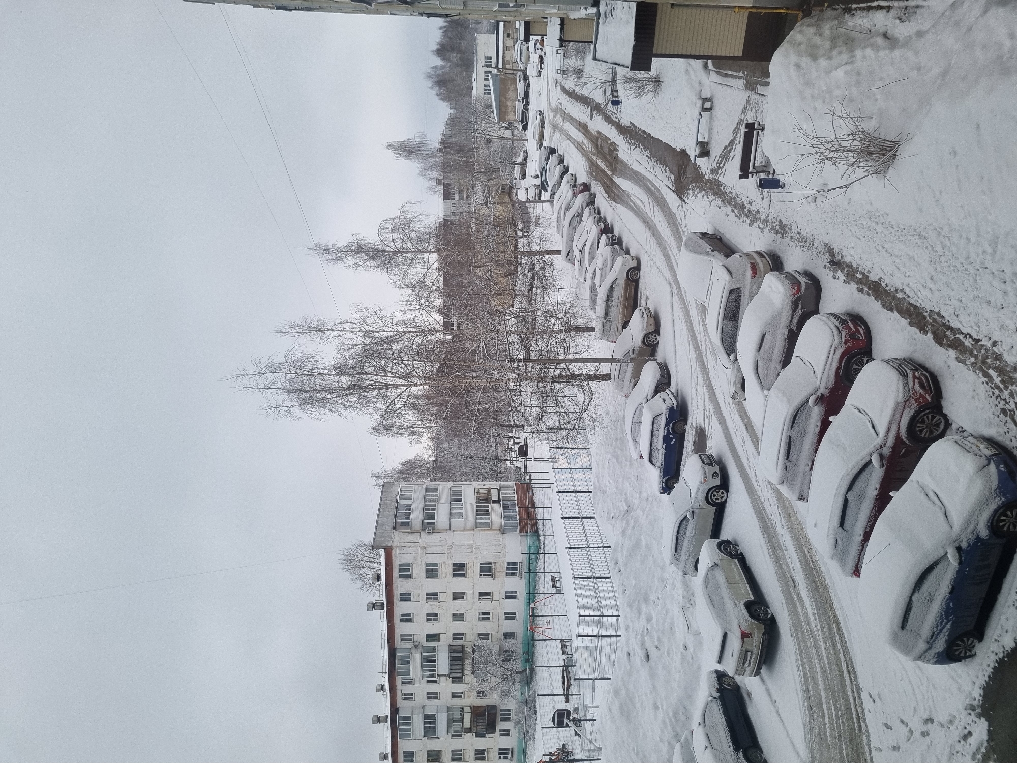 A downward-angled, eye-level shot depicts a snow-covered residential area in what is likely Chaikovsky, Russia, based on architectural style and local weather patterns. The sky is overcast, suggesting a winter day.
In the foreground, a row of parked cars is heavily laden with snow. Tire tracks are visible on the road beside the cars, indicating recent vehicular movement.
Beyond the parked cars, a fence encloses what appears to be a playground or recreational area, also covered in snow. Behind this area is a Soviet-era apartment building, typical of Russian urban development.
Bare trees are scattered throughout the scene, adding to the wintry ambiance. In the distance, more buildings and trees can be seen, fading into the grey sky.