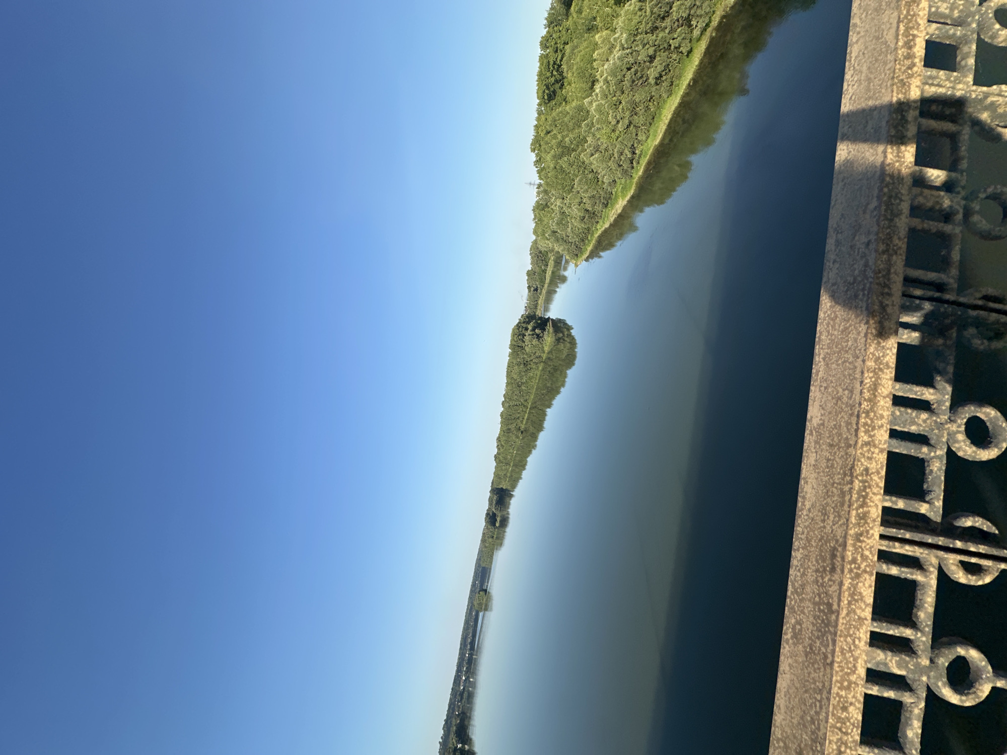 The image is a wide-angle view of a river in Biysk, Russia, from the perspective of a bridge railing. The river is calm and reflects the clear blue sky and the lush green trees lining its banks. The railing in the foreground is made of weathered metal with an ornate design, casting a shadow onto the water. The scene appears serene, with no people or immediate activity visible. The natural elements of the sky, water, and vegetation dominate the composition.