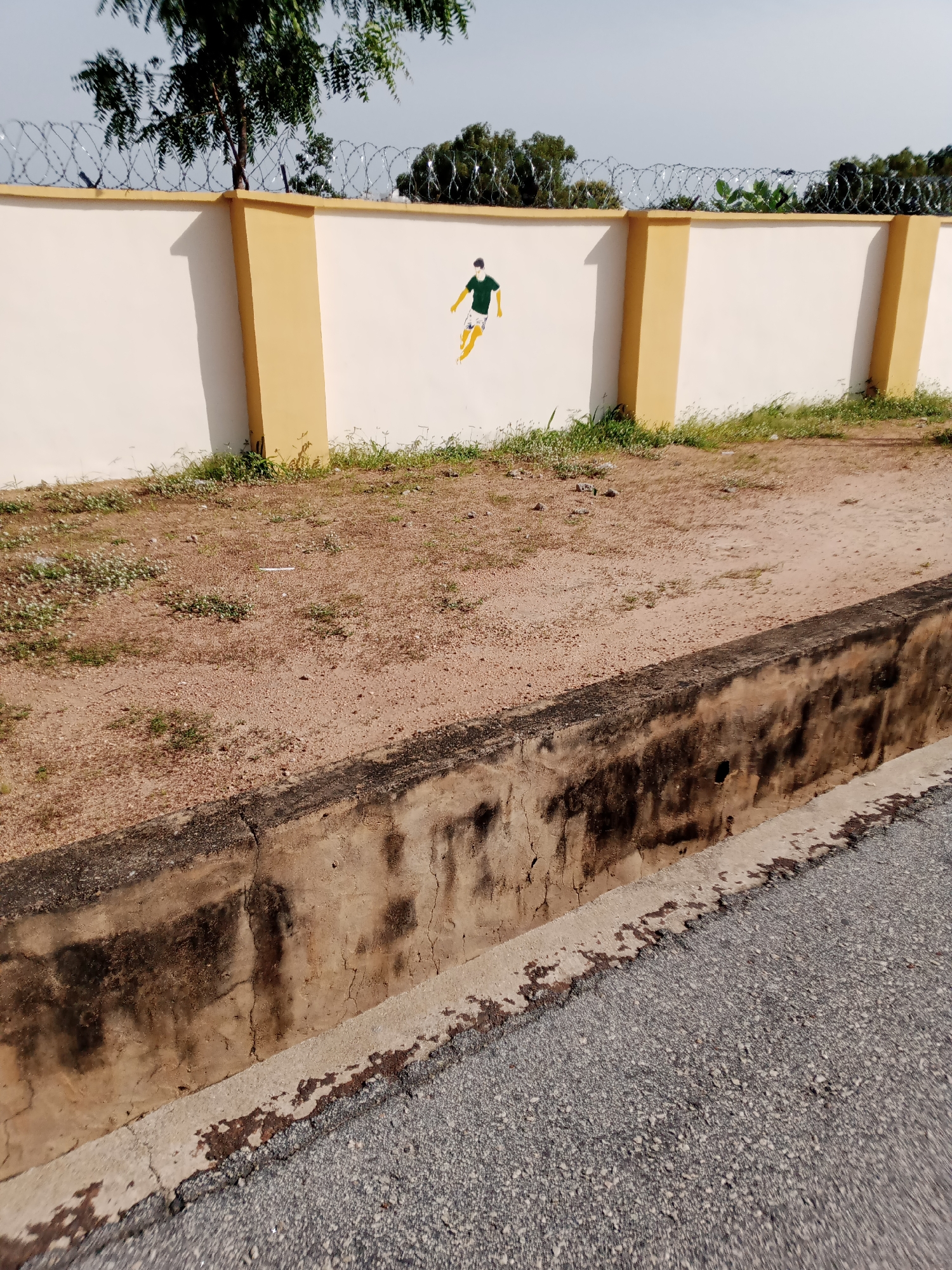 This image depicts a mural of a person in a green shirt and yellow shorts, appearing to kick a soccer ball, painted on a white wall with yellow pillars, in the city of Jalingo, Nigeria. The wall is topped with barbed wire. The ground in front of the wall is composed of sand and sparse vegetation. A concrete drainage channel runs along the foreground, with asphalt pavement beyond it. The scene appears to be outdoors, under natural daylight.
