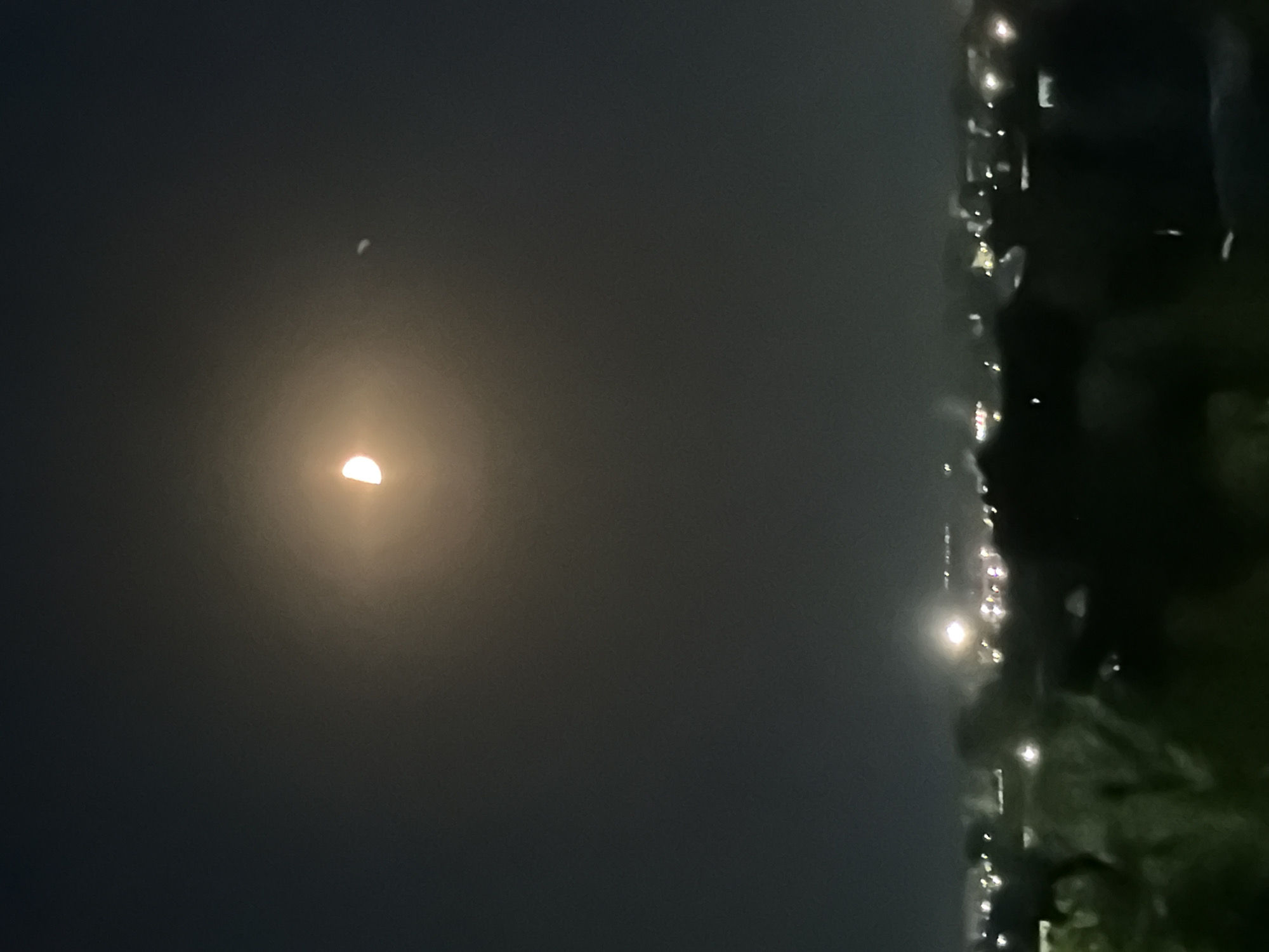 The image shows a night scene, with a crescent moon visible in the sky. The location appears to be the city of Chaikovsky, Russia, given the presence of city lights and structures along the horizon. The photo appears to have been taken from a ground-level perspective, looking upward towards the sky and the cityscape. The sky is dark, and the crescent moon is the primary source of illumination. There is vegetation in the lower right corner.