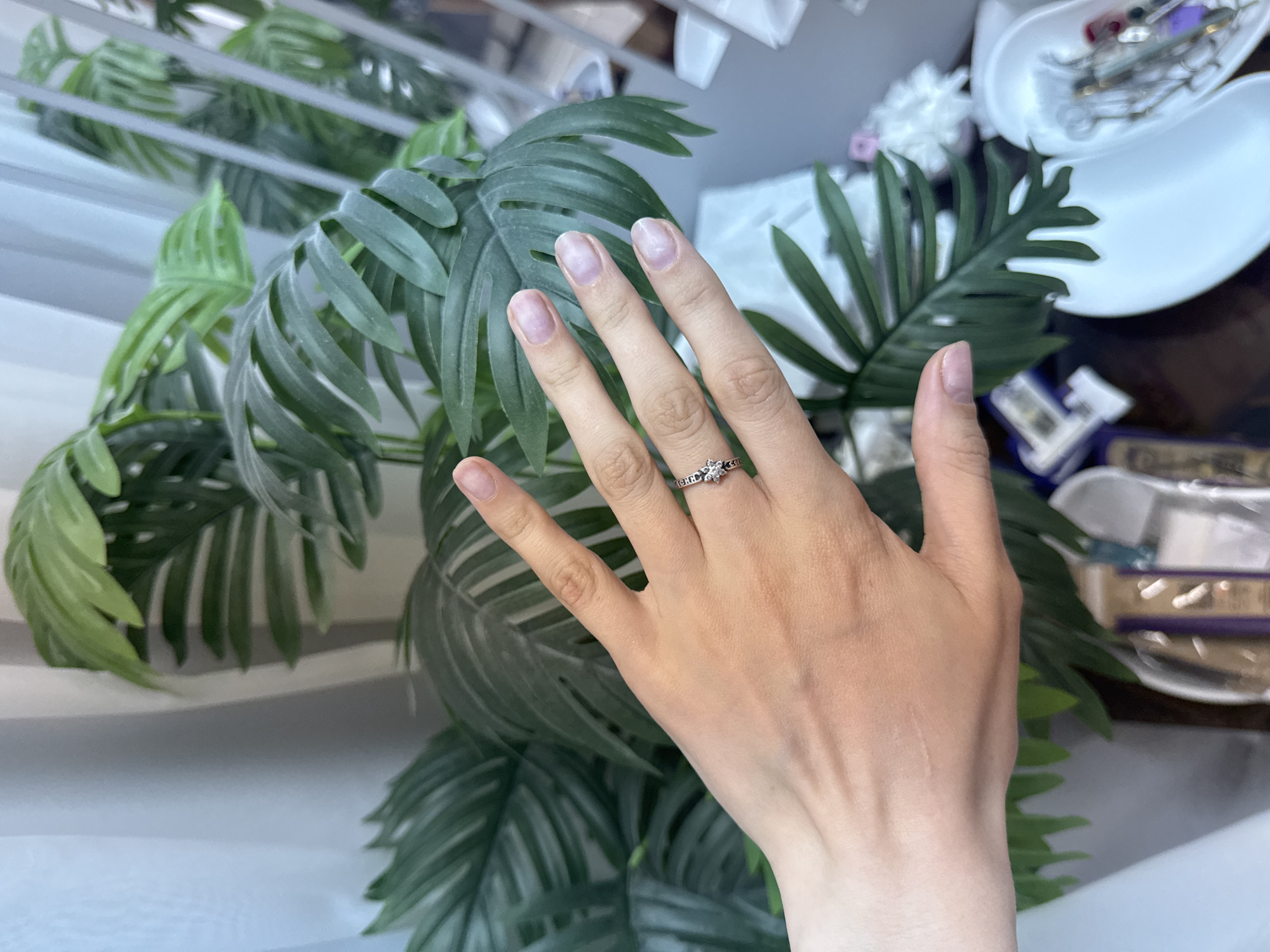 A hand with fair skin is displayed against a backdrop of artificial green foliage, likely a palm or fern-like plant. The hand features trimmed, unpainted nails, and a silver ring with a central, faceted stone is worn on the ring finger. The background includes a white, shallow dish containing various small metal objects, possibly jewelry or craft components, along with other indiscernible objects on a surface that appears to be a dark wooden table. The setting appears to be indoors, possibly in a home or studio environment. There's no information available to suggest that the location is Izhevsk, Russia.