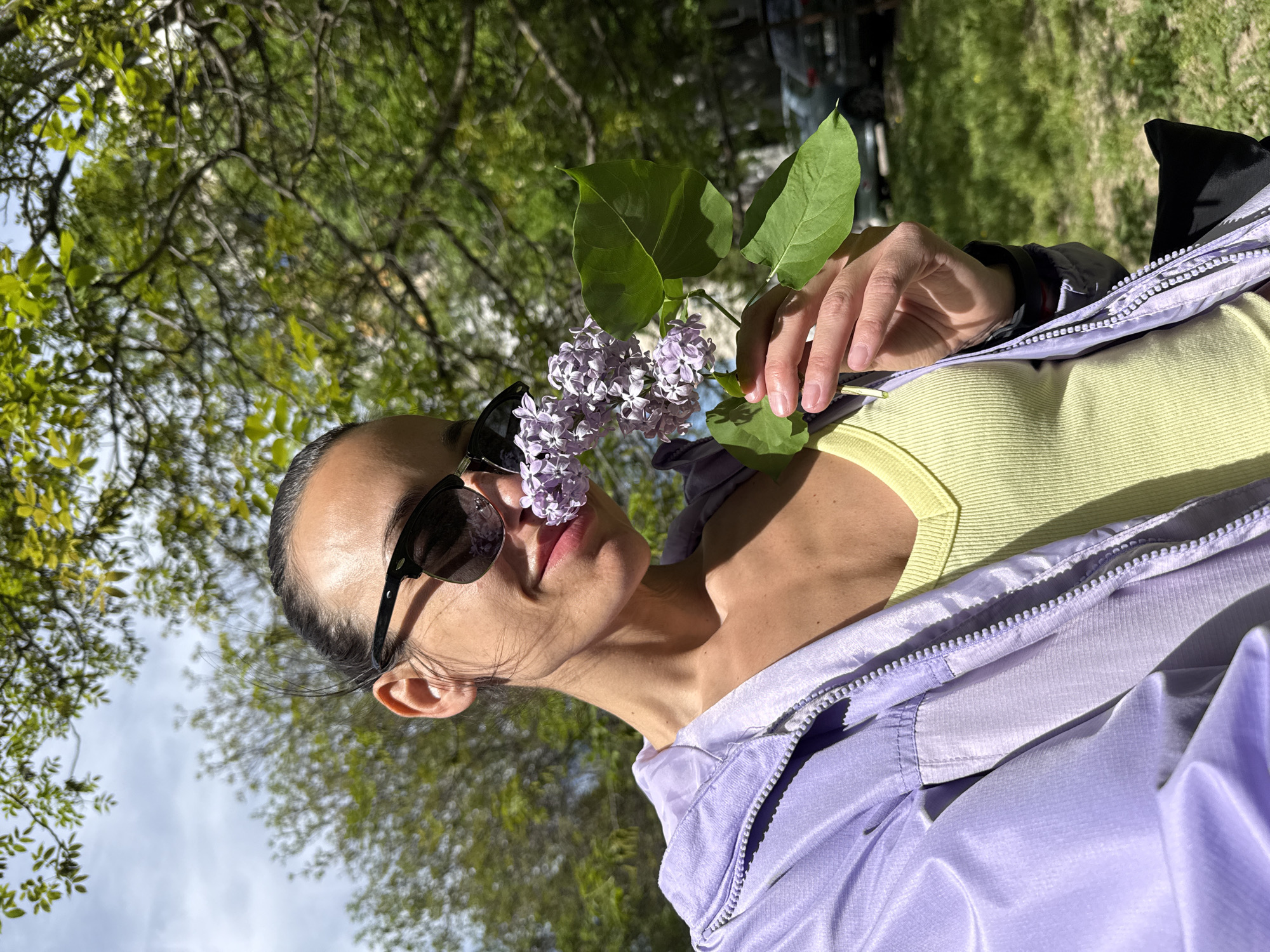 A person is depicted outdoors on a bright, sunny day, holding a sprig of light purple lilac flowers. The subject, seen in a close-up, is wearing dark sunglasses, a light yellow ribbed top, and a light purple jacket with a visible zipper. Their dark hair is pulled back. The person is holding the lilac flowers with green leaves up to their face, appearing to smell or admire them, with a subtle, content expression visible around their mouth.
The background is a natural outdoor setting, dominated by lush green trees and foliage under a bright sky. Strong sunlight creates clear highlights and shadows on the subject and their clothing. The overall mood of the image is serene and appreciative of nature. No text is visible in the media. The image is set in an outdoor environment, with the provided context indicating it was taken in Pleven, Bulgaria.