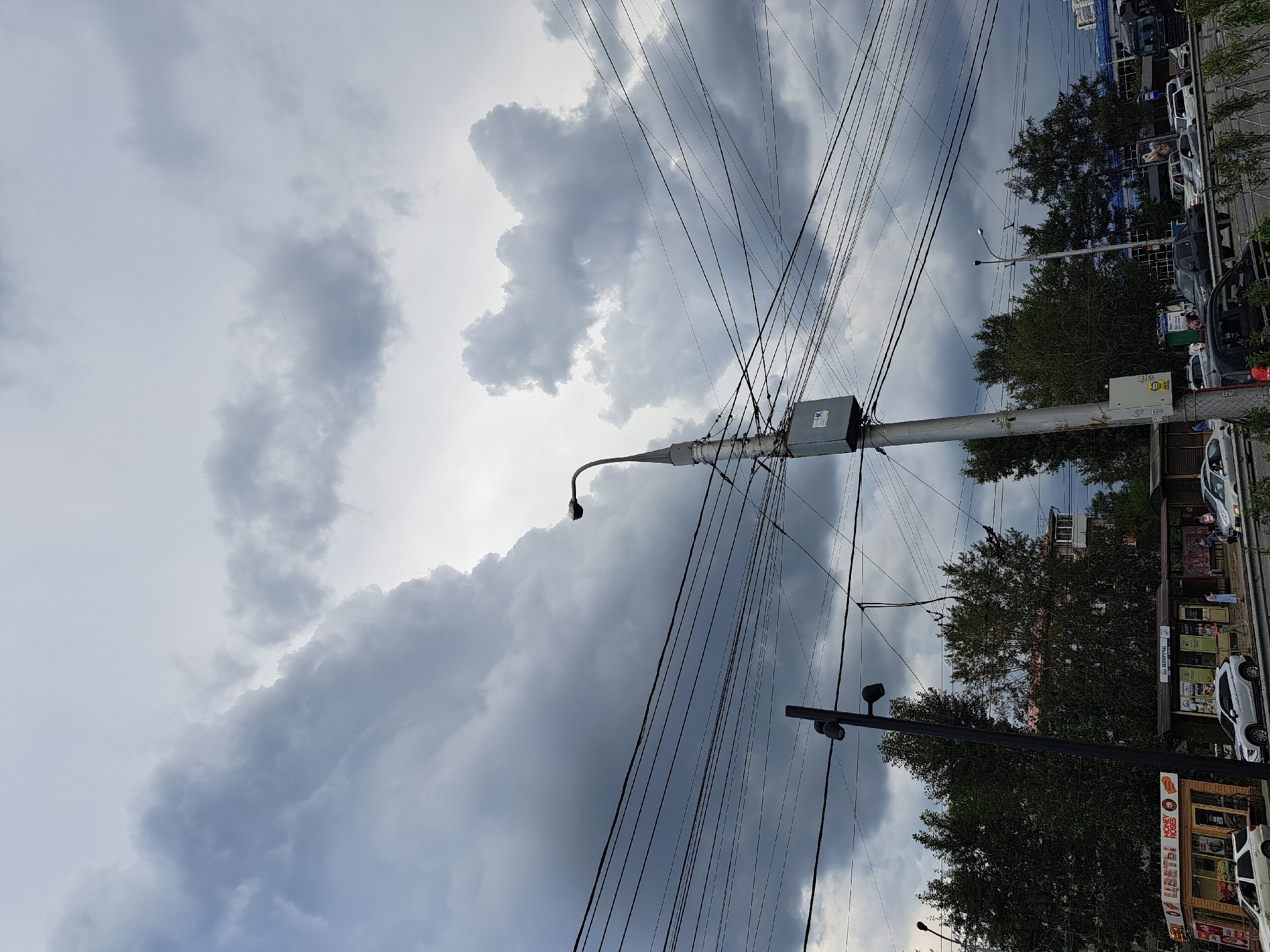 The image shows a street scene in Irkutsk, Russia, under a cloudy, overcast sky. In the foreground, several utility poles with a complex web of power lines dominate the frame. One pole on the right has a street lamp and a small grey electrical box attached to it. To the left, another utility pole with multiple lights is visible. Below the power lines and poles, a row of trees lines a street where cars are driving and parked. A kiosk with signs in Russian, including "ЦВЕТЫ ROSES" (Flowers Roses), is visible on the left. Further down the street, a bus stop shelter is present with people waiting. Buildings, including apartments and what appears to be a commercial structure, are seen behind the trees. The overall impression is a typical urban environment experiencing cloudy weather.