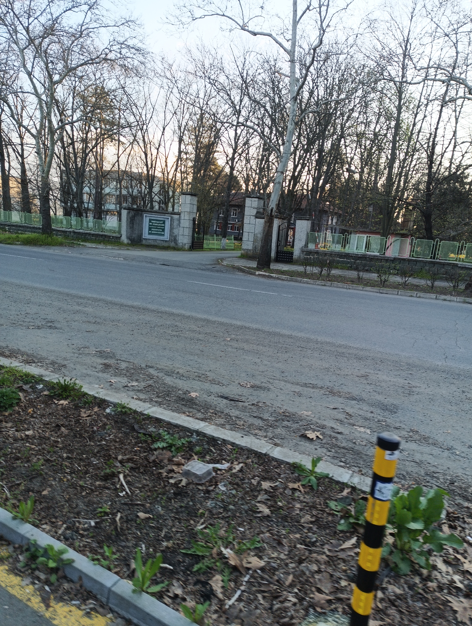 The image shows a street scene in Karnobat, Bulgaria. The street is paved and appears slightly worn. On the right side of the street, there is a safety bollard with alternating black and yellow stripes. A curb separates the street from a patch of soil with scattered leaves and vegetation. Across the street, a gated entrance leads to a complex of buildings, likely an institution or organization. The entrance is marked by stone pillars with a sign in Bulgarian. Behind the gate, buildings can be seen amidst trees with bare branches, indicating a possibly early spring or late autumn setting. The sky is overcast. There are no people visible in the image.
