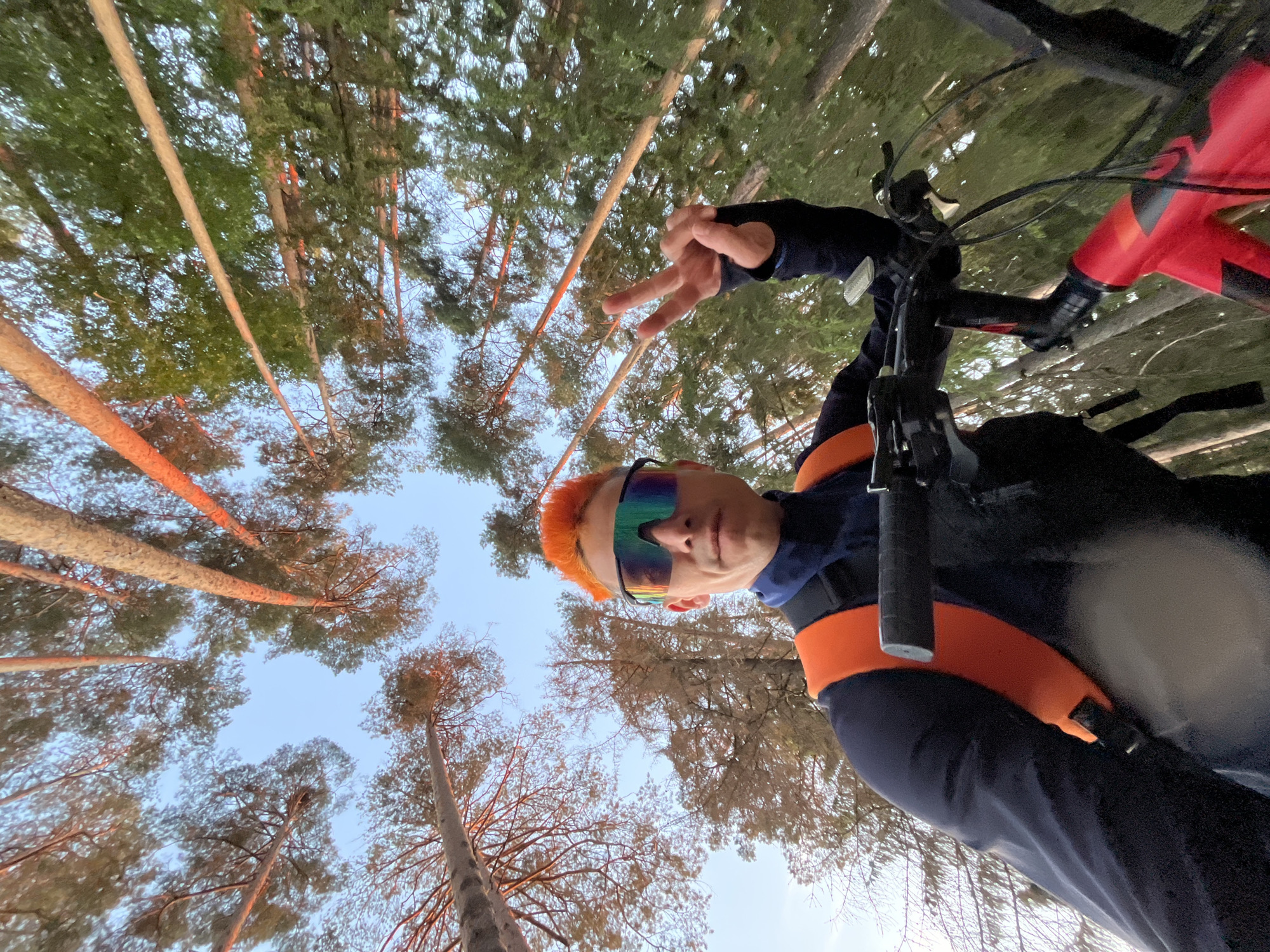 An adult male with bright orange, spiked hair and reflective multi-colored sports sunglasses is captured in a low-angle perspective, holding a red mountain bicycle within a forest in Chaikovsky, Russia. He is dressed in a dark blue long-sleeved top, with orange backpack straps visible over his shoulders. His right hand, covered by a black thumb-hole glove, is raised, forming a two-finger peace sign. The red frame and black handlebars of the bicycle are partially visible in the lower right foreground. The background features numerous tall pine trees, their trunks varying from reddish-brown to grey, and green foliage reaching towards a clear, light blue sky. The scene is illuminated by natural light, casting warm tones on some tree trunks, suggesting late afternoon or early evening.