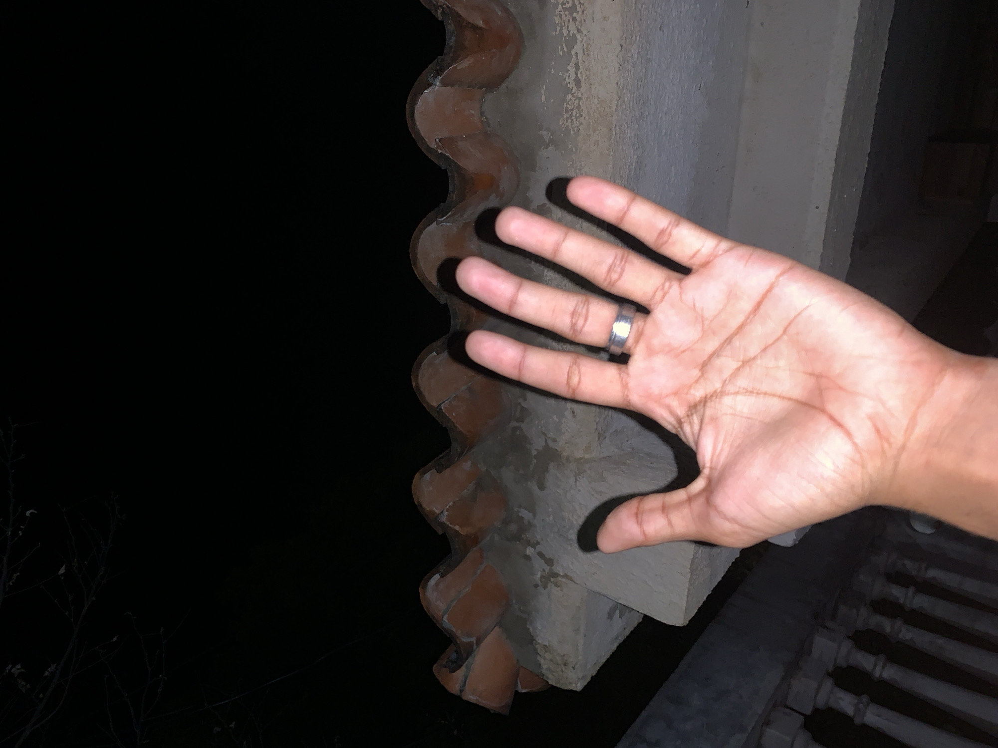 A close-up, low-light photograph shows a person's right hand resting on a weathered, ornate architectural detail. The hand wears a silver ring on the ring finger. The architectural element appears to be made of terracotta or brick, with a decorative, repeating curved pattern. Behind the architectural detail is a dark, seemingly unlit, space. To the right of the hand, a railing or similar structure is visible. The location in Santa Ana, Venezuela, is not definitively identifiable from the visual information provided. The photograph does not include contextual clues to confirm this location.