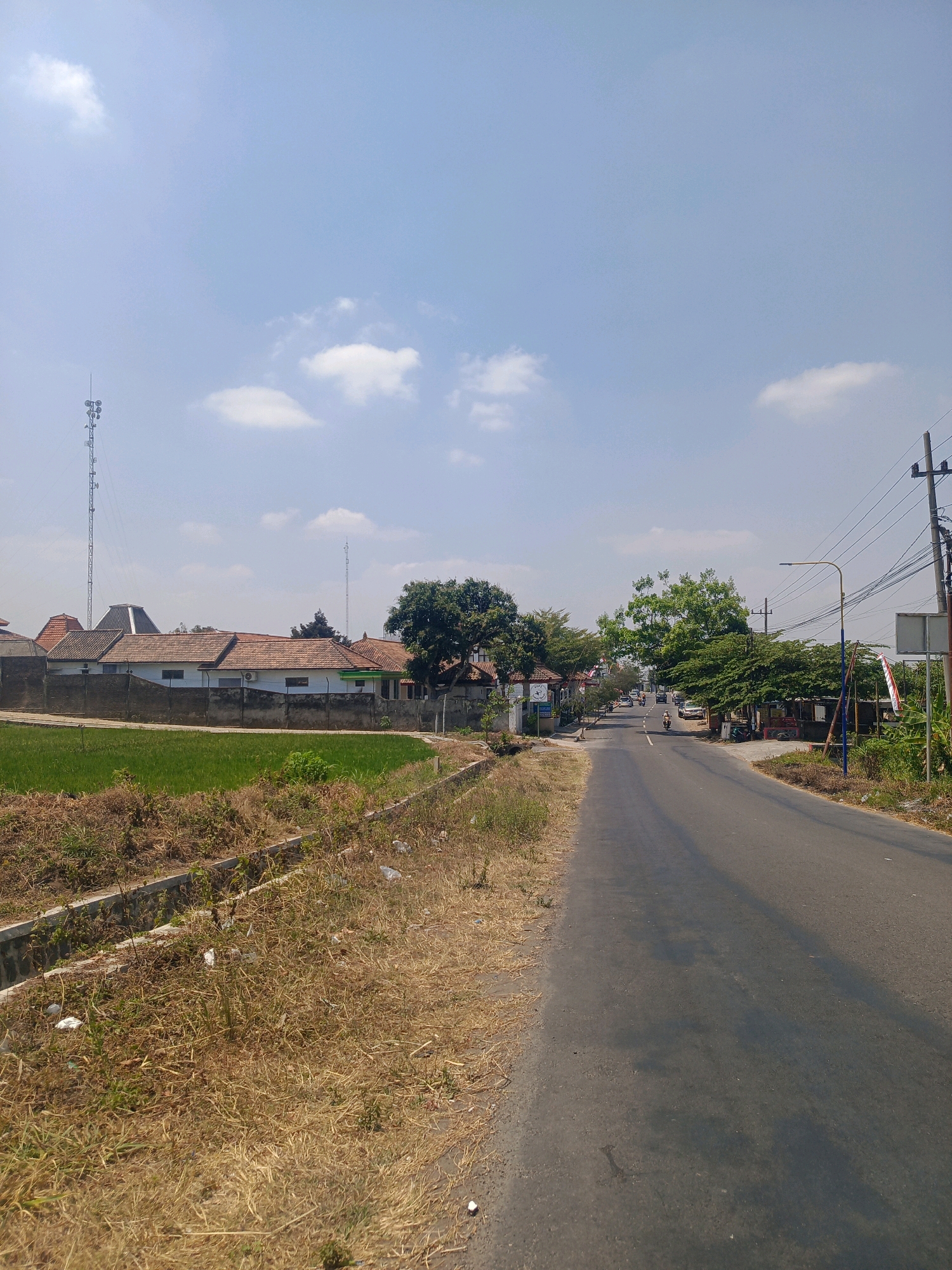 The image depicts a paved road in a rural or semi-rural area, possibly Ringinagung, Indonesia. The sky is mostly clear with scattered white clouds. On the left side of the road, there are dry grasses and a ditch. Further to the left, there is a green rice paddy bordered by a concrete wall. Behind the wall, several houses with tiled roofs are visible, and a tall communication tower stands prominently in the distance. On the right side of the road, there are trees, utility poles with numerous wires, and a street lamp. The road itself has some dark patches and is wet in places, suggesting recent rain or sprinklers. A few vehicles, including motorcycles and cars, are traveling on the road in the distance, and a person is riding a motorcycle closer to the foreground. The overall scene is one of everyday life in a developing area, with a mix of natural elements and infrastructure.