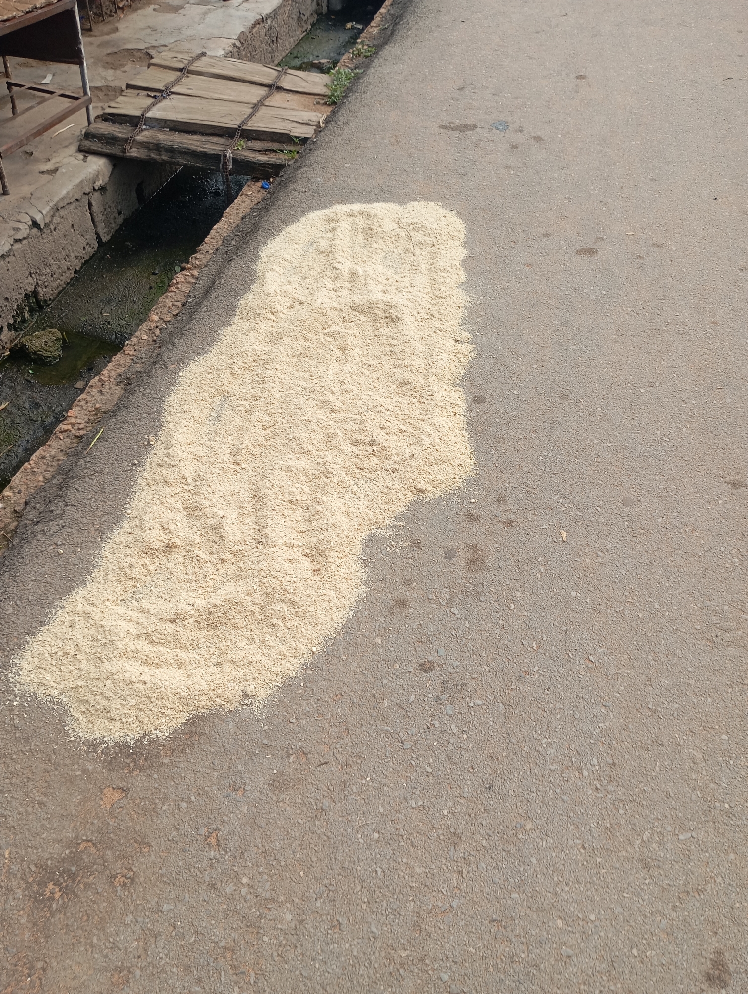 In Shendam, Nigeria, a pile of pale grains, possibly rice or a similar crop, is spread across an asphalt road adjacent to a drainage ditch. A makeshift wooden bridge, reinforced with chains, spans the ditch, leading to a structure partially visible on the left. The sun casts a distinct shadow, highlighting the texture of the asphalt and the grains. The scene suggests an outdoor drying or processing activity in a semi-urban or rural environment.