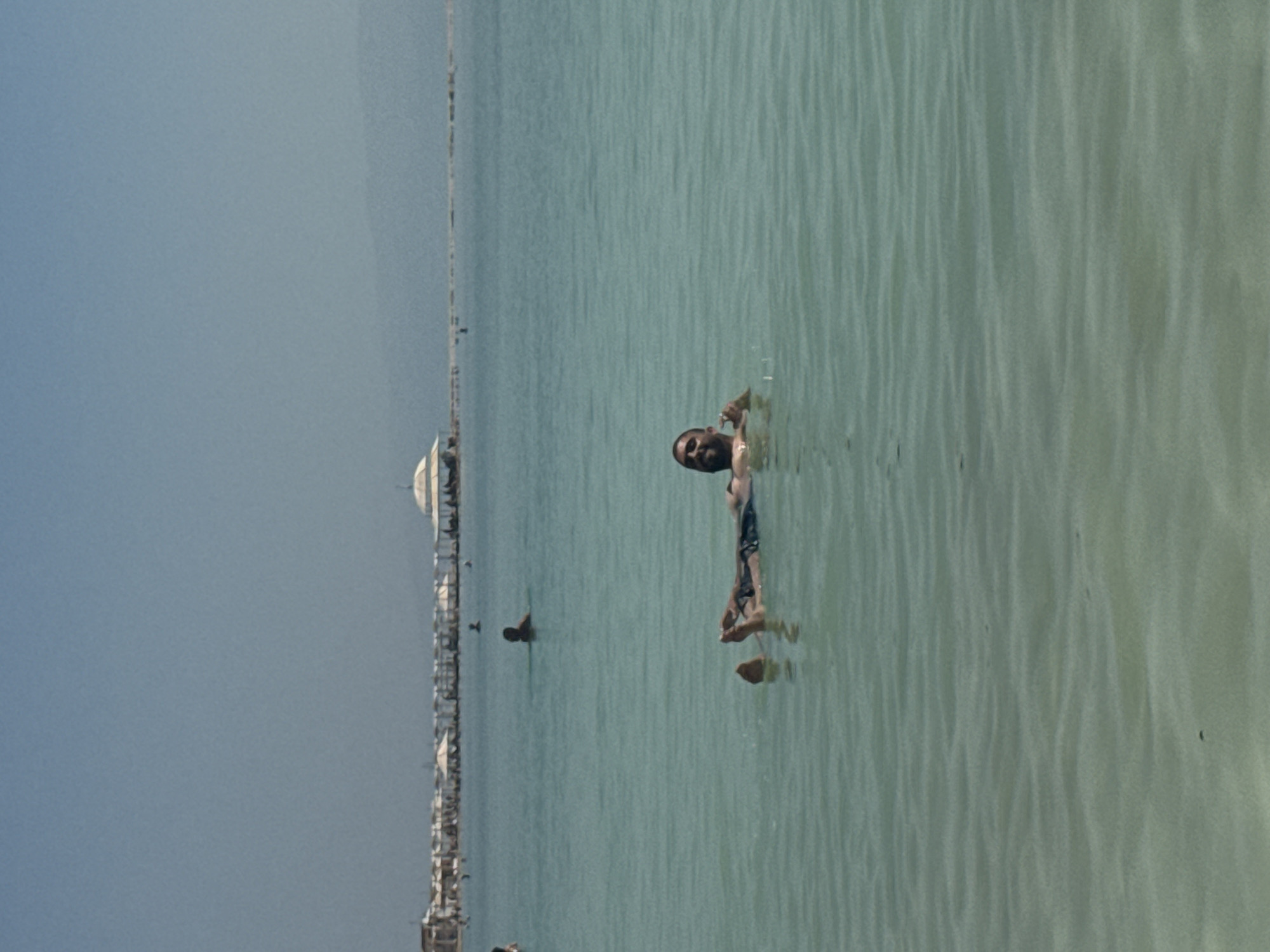 The image shows a person floating in the Dead Sea, near Tamar Regional Council, Israel. The sea stretches to the horizon, with a pier-like structure visible along the shore in the distance. The person is facing the viewer and appears to be relaxing in the water. The water surface has slight ripples, suggesting a gentle breeze. The sky is clear and pale blue.
