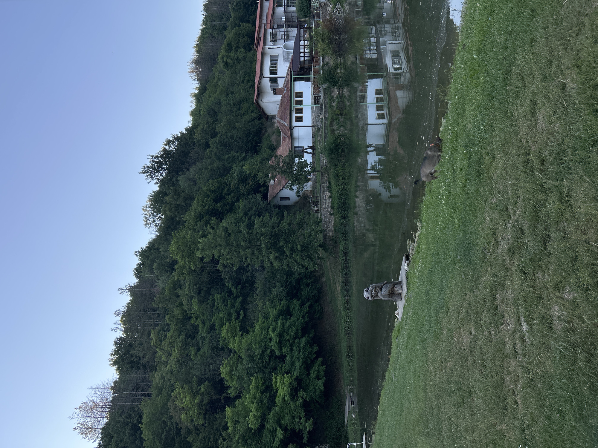 This media file depicts a tranquil scene of a building nestled on a lush, tree-covered hillside adjacent to a calm body of water. The building, with its white facade and red-tiled roof, is reflected in the water, creating a symmetrical and peaceful image. A grassy bank slopes down to the water's edge, with the vibrant green grass contrasting with the darker hues of the trees and water. Two ducks are visible in the water, adding a touch of wildlife to the scene. There's also a statue of what appears to be two people sitting on a bench on a concrete platform. The sky is a clear, light blue, suggesting it is daytime, possibly late afternoon or early evening, given the soft lighting and the reflective quality of the water. The overall atmosphere is one of serenity and natural beauty, with the human-made structures blending harmoniously with the environment.