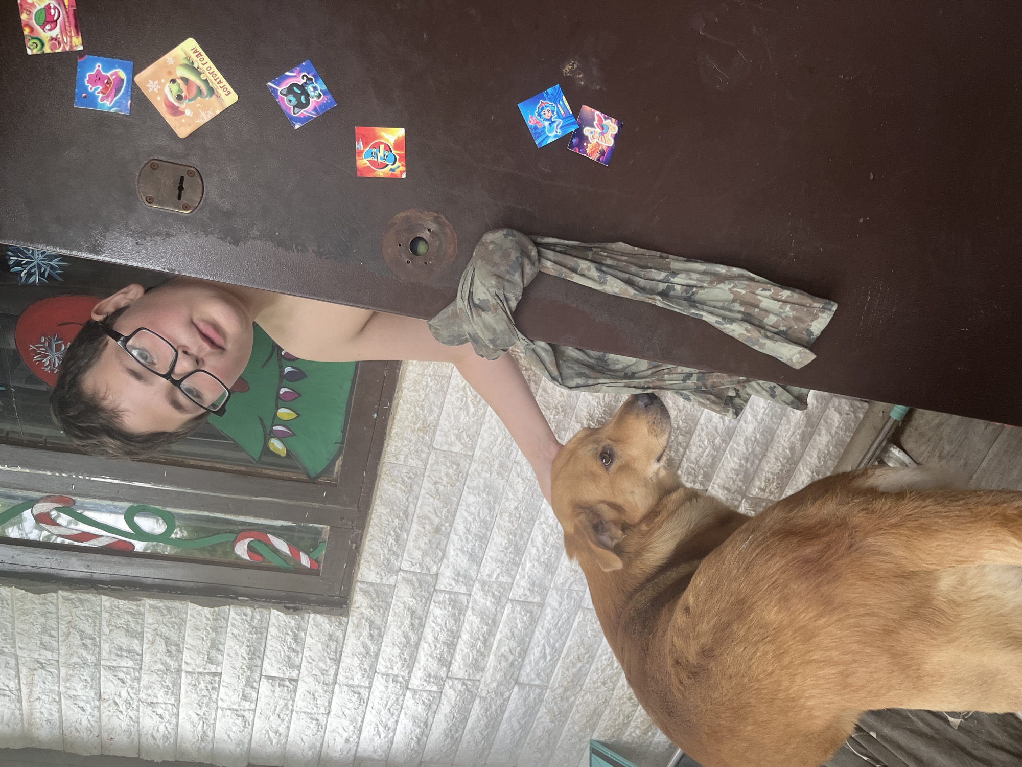 A young person wearing glasses is positioned under a dark brown, possibly wooden, table. The table has several colorful, square stickers on its surface. An arm is extended from under the table, resting on the head of a tan dog. A camouflage patterned cloth lies on the table near the arm. The person appears to be located near a window with Christmas-themed decorations. The wall below the window is made of white stone. The setting appears to be indoors, possibly in a house or building. There is no verifiable evidence the location is Vesyoloye, Russia.