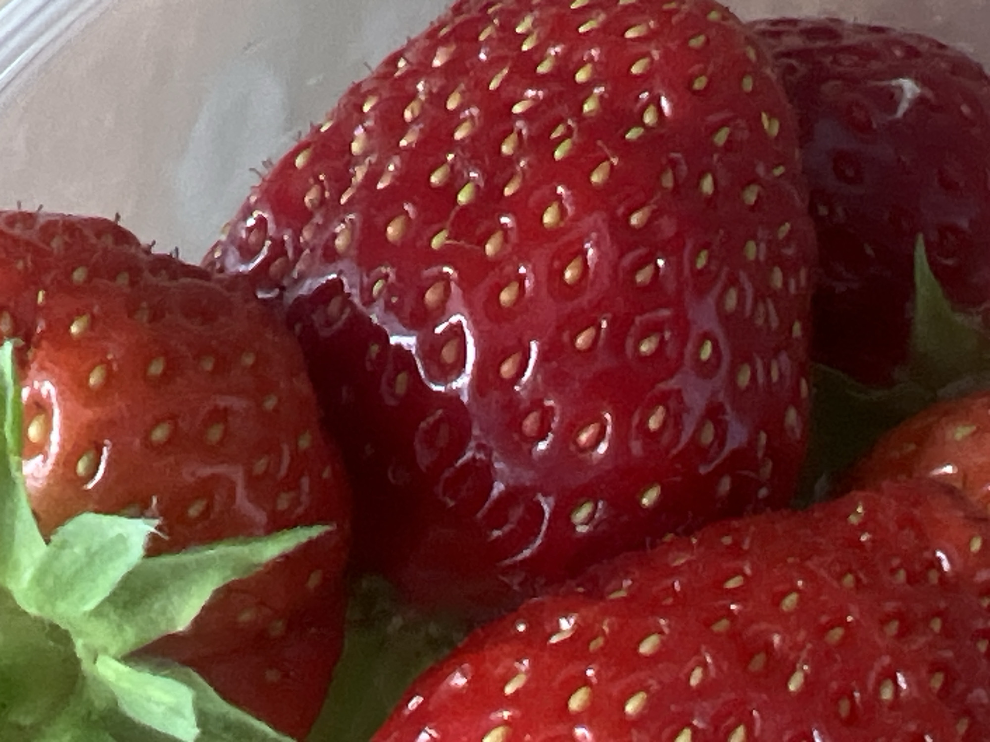 The image is a close-up shot of several ripe strawberries. The strawberries are a vibrant red color with visible seeds, which are yellow. Some of the strawberries have a glossy sheen, suggesting they are fresh or have been washed. Green leaves are visible at the top of one of the strawberries, indicating that it is still attached to its stem. The strawberries appear to be in a clear container, as a translucent, possibly plastic, surface is visible in the background. The lighting creates highlights and shadows on the fruit, adding to its texture and detail. There are no people or any indication of the city of Votkinsk, Russia in the image.