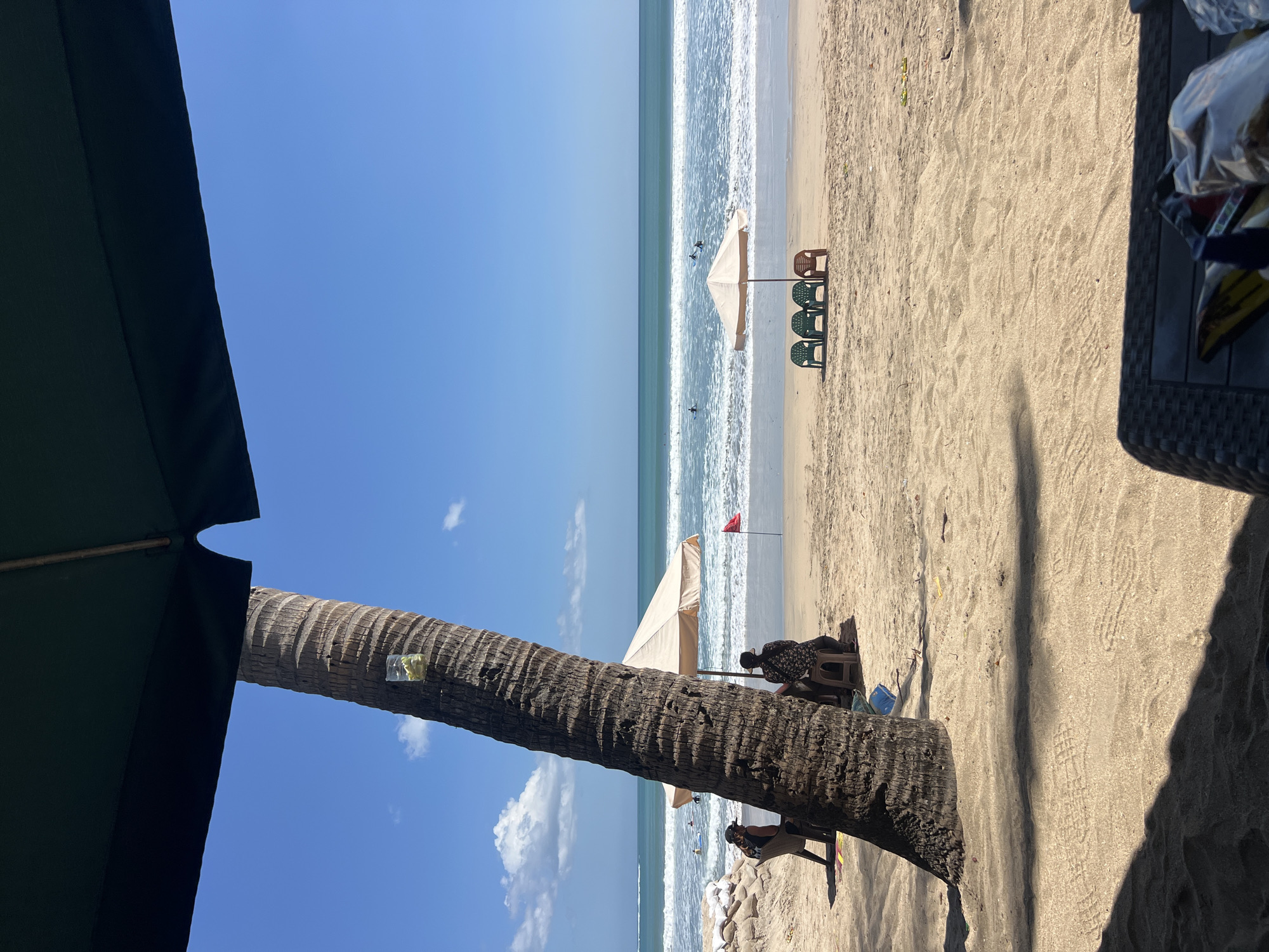 The image depicts a beach scene in Kuta, Indonesia, likely during daylight hours. A large palm tree trunk dominates the left foreground, casting shadows on the sandy beach. Under a dark umbrella in the upper left corner, a glass with some yellow substance is visible attached to the palm tree.
In the mid-ground, two people are seated on chairs under a light-colored umbrella, facing the ocean. To their left, a small pile of sandbags forms a barrier. Further out on the beach, another umbrella stands with four plastic chairs arranged in front of it: three green and one brown. Beyond the chairs, the ocean stretches to the horizon under a clear blue sky with a few scattered white clouds. The waves are moderate, and several surfers can be seen in the water. A red flag is planted in the sand near the second umbrella. The foreground also shows the edge of a dark-colored table with some items on it, including plastic packaging. The sand is textured with footprints and ripples.