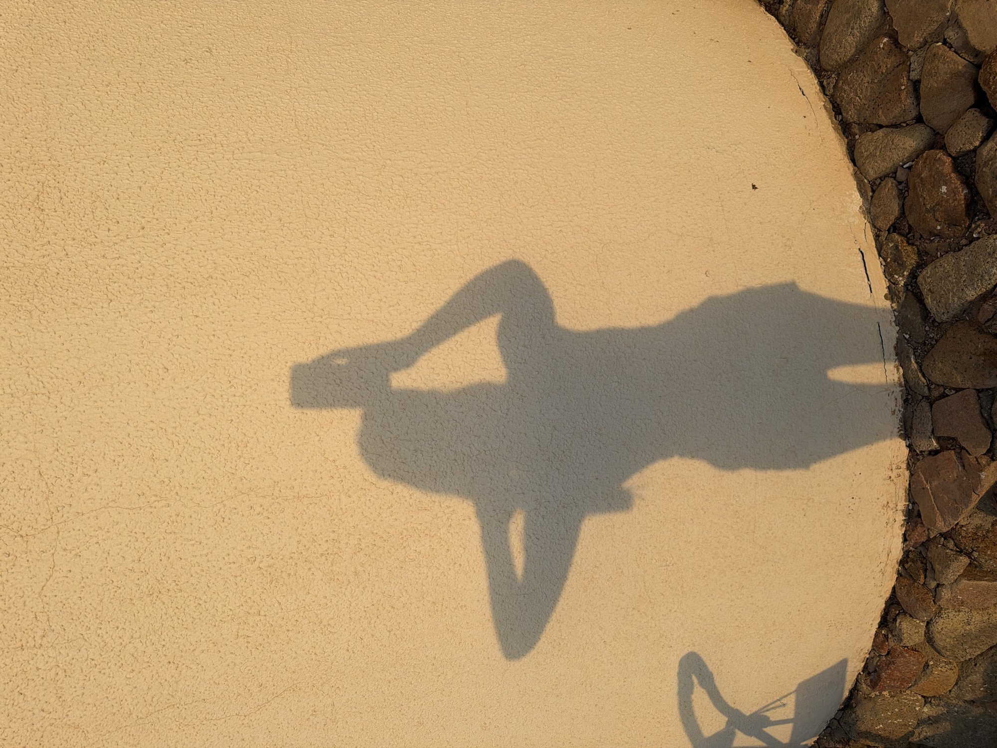 The image shows a shadow of a person taking a selfie against a textured, cream-colored wall. The shadow is cast by warm, low-angle sunlight, creating a soft silhouette. The person's arms are raised, holding a smartphone. The lower part of the image shows a curved border of rough, natural stones, suggesting an outdoor setting. This scene is consistent with a location in Sharm El Sheikh, Egypt, known for its sunny climate and outdoor architecture. There are no other people or objects clearly visible in the frame besides the shadow and the wall.