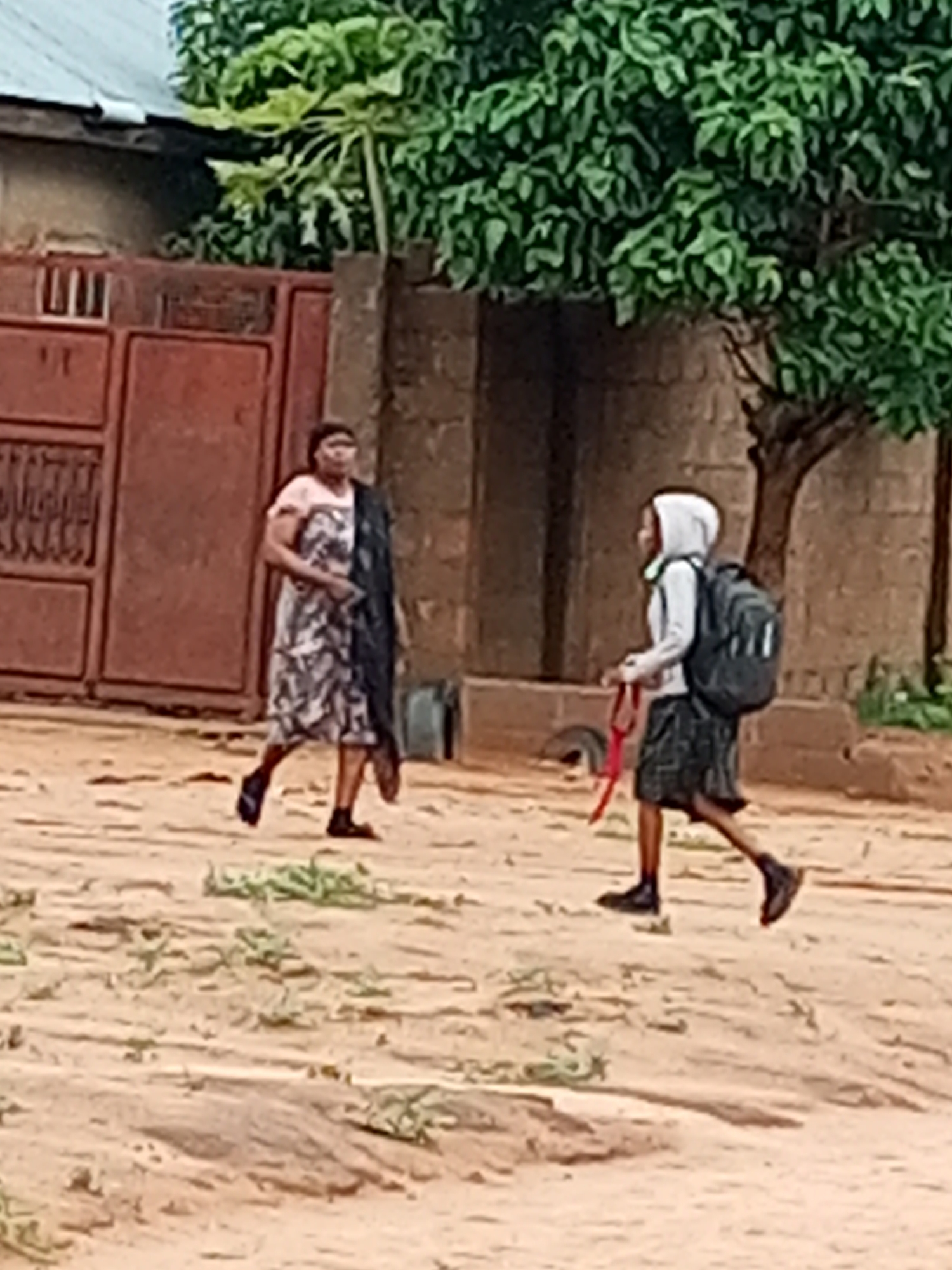 Two individuals are captured in a medium shot, walking on a dirt path in Gombe, Nigeria. The person on the left, appearing to be an adult female, is wearing a patterned dress and a dark scarf draped over their shoulders. They are walking towards the left side of the frame. The person on the right, seemingly a younger individual, is wearing a hooded jacket, a dark skirt, and a backpack. They are walking towards the right side of the frame, holding a red strap in their right hand. The background reveals a reddish-brown metal gate, brick structures, and lush green foliage from trees. The ground is composed of sandy soil with sparse vegetation. The lighting suggests it is daytime.