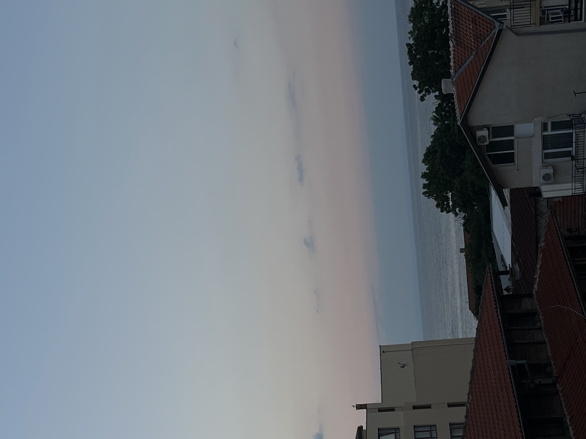 The image shows a coastal view in Lozenets, Bulgaria. In the foreground, there are several buildings with red tile roofs. To the left, a light-colored, multi-story building is visible, featuring windows. A bird is perched on a chimney on top of this building. To the right, a beige house with a red tile roof is prominent, equipped with two air conditioning units and balconies. The middle ground reveals dense green trees and a glimpse of the sea. The background is dominated by a tranquil sea meeting a soft, pastel sky that transitions from a pale blue to hints of pink and grey, suggesting either dawn or dusk. There are a few small, wispy clouds scattered across the sky. No people are discernable in the image.