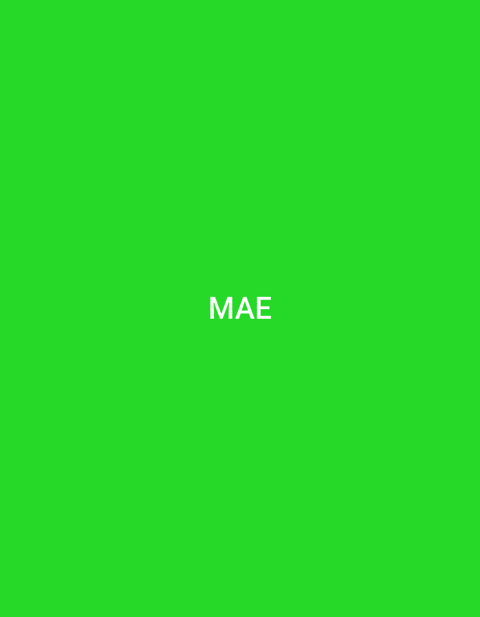 The image displays a uniform, vibrant green background. Centrally positioned on this green field are the capital letters "MAE" rendered in solid white. No other subjects, objects, or environmental details are discernible. The scene is situated in Casablanca, Morocco.