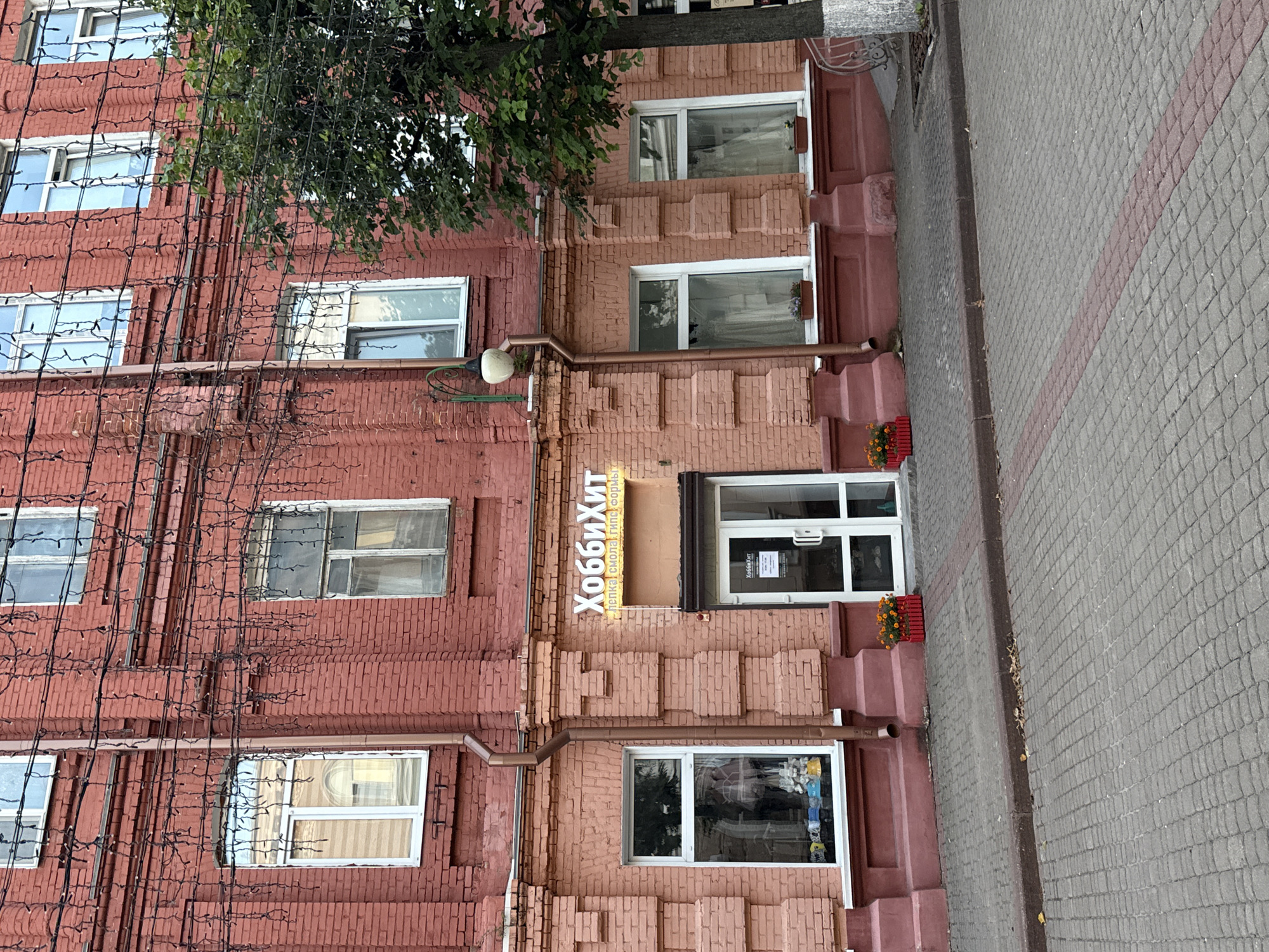 The image shows the facade of a multi-story brick building, likely in Mahilyow, Belarus, as indicated by external context. The building is a warm red brick with decorative architectural elements. The upper floors feature multiple windows, some with white frames and others with older, weathered frames. The windows on the lower level are larger, with one on the left displaying reflections of the street and buildings opposite, and the interior visible with shelving and items.
A storefront occupies a portion of the ground floor, identifiable by a sign with Cyrillic text reading "ХоббиХит" and smaller text below that appears to describe its offerings. The storefront has a modern glass door and display window. Two red planters with bright orange flowers are positioned on the sidewalk in front of the storefront. Above the storefront, a vintage-style lamppost with a white globe is mounted on the brickwork.
The building is decorated with numerous strings of small, dark lights, creating a festive or seasonal appearance, possibly for an event or holiday. A mature tree with dense green foliage grows to the right of the storefront, partially obscuring the upper windows of the building. The ground in front of the building is paved with grey cobblestones, with a reddish stripe running diagonally across the foreground, indicating a pathway or border. A metal railing with a decorative pattern is visible at the far right edge of the image. The sky is not visible in the frame.