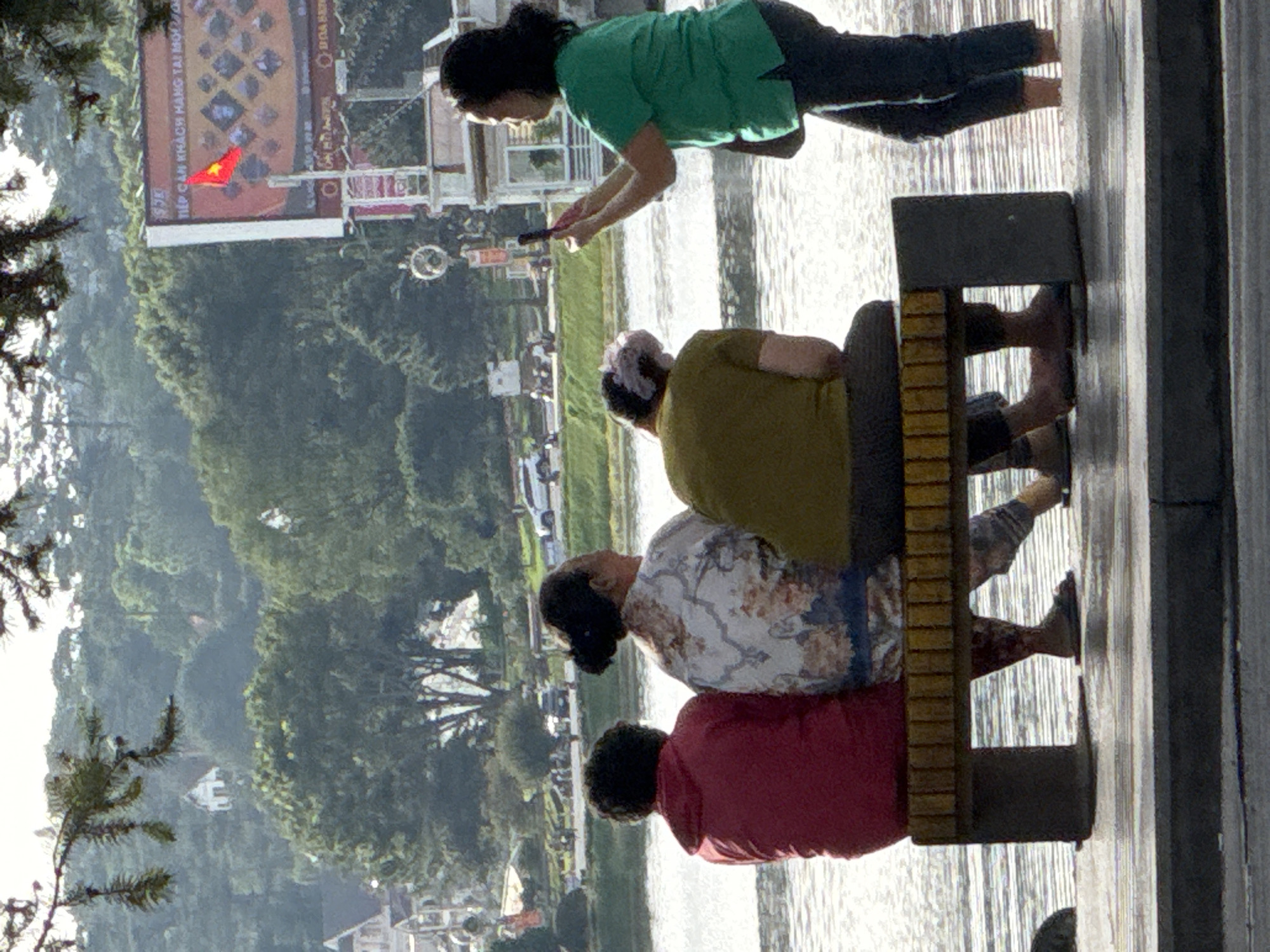 Four people are seated on a bench next to a body of water in Da Lat, Vietnam. The bench is made of wood with a dark gray base. The water appears to be a lake, reflecting the sky and surrounding trees. In the background, there are lush green hills with scattered buildings and trees. A large billboard with Vietnamese text and a red flag is visible on the right side of the image.
From left to right, the people are:
* A person wearing a red hooded jacket, facing away from the camera.
* A woman wearing a patterned blouse and dark pants, facing away from the camera. Her hair is styled in a bun.
* A person wearing a green t-shirt and dark pants, facing away from the camera.
* A woman wearing a green t-shirt and dark pants, facing the other people. She is holding a mobile phone and appears to be taking a picture.
The woman in the green t-shirt is standing and leaning slightly forward. The other three individuals are seated on the bench. The overall atmosphere suggests a relaxed, outdoor setting in Da Lat, possibly a tourist area.