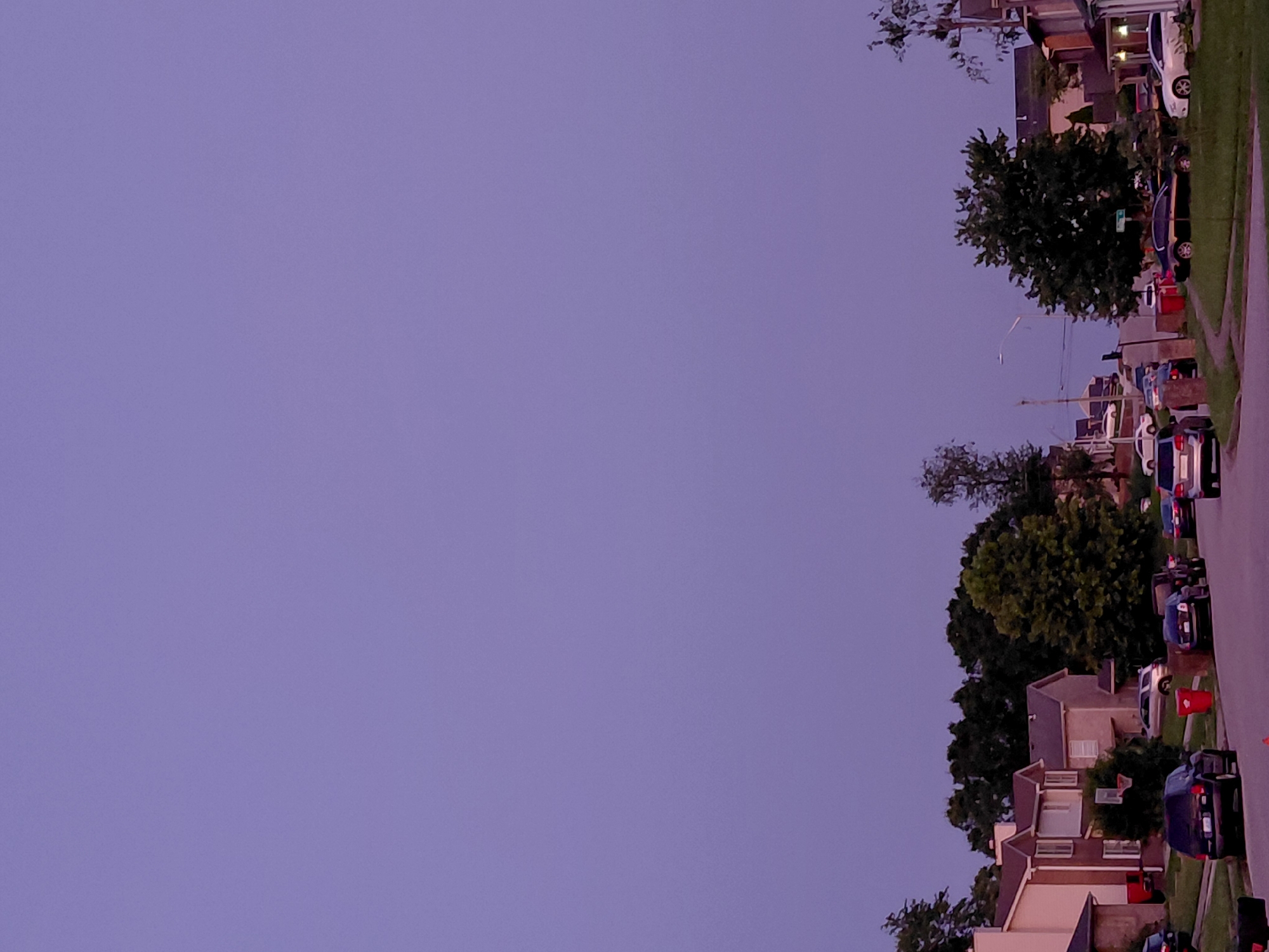 The image captures a suburban street in Nicholasville, USA, at dusk. The sky is a deep, hazy purple, suggesting twilight or perhaps an impending storm. The foreground features a street lined with parked cars, including a black SUV, a dark sedan, and a silver sedan, among others. Houses with visible architectural details like pitched roofs and windows are scattered along the street, bordered by green lawns and mature trees. A basketball hoop is visible attached to one of the houses. The overall impression is a quiet residential neighborhood transitioning into evening.