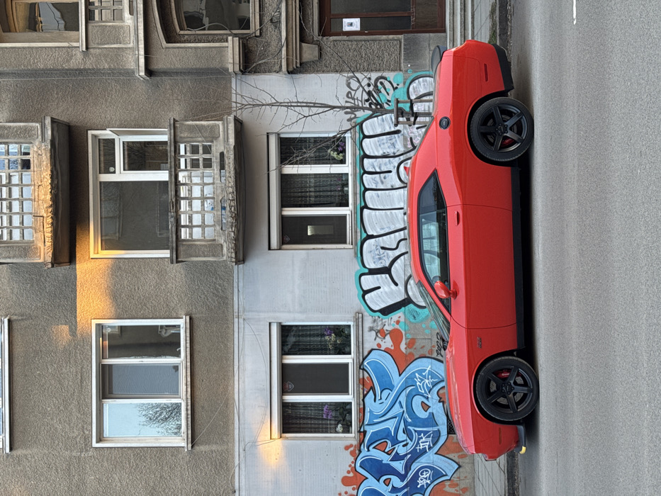 A red two-door Dodge Challenger is parked parallel to the curb on an asphalt street in Sofia, Bulgaria. The vehicle, positioned on the right side of the frame, features black multi-spoke wheels and red brake calipers visible on the front wheel. The background consists of a multi-story urban building with a textured grey stucco facade. The lower section of the building is extensively covered with layered graffiti, primarily in blue, white, and black with turquoise outlines. Above the graffiti, white-framed windows with visible curtains and potted plants are present on the second story. An upper-level window on the right is partially open. Two weathered concrete balconies with grid-patterned railings protrude from the upper floors. Direct sunlight illuminates a portion of the upper left facade, creating a warm orange hue. A bare deciduous tree stands between the building and the vehicle towards the right. No individuals are visible, and no overt activity is depicted within the frame.