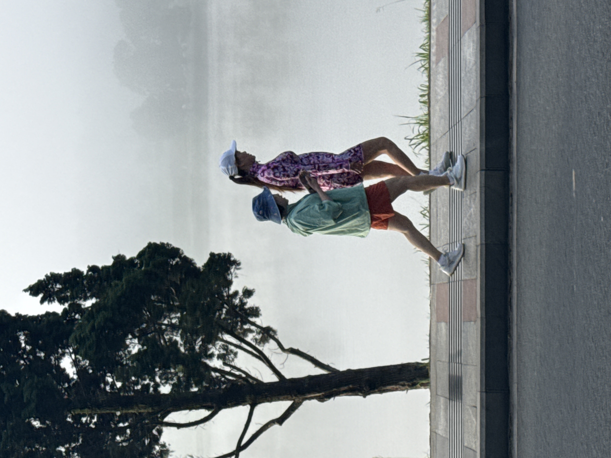 The image depicts two individuals walking on a paved sidewalk beside a body of water, likely a lake, in Phường Xuân Hương, Đà Lạt, Vietnam. The atmosphere is foggy, obscuring the background and lending a soft, diffused light to the scene. To the left, a dark, slender tree with sparse branches stands prominently, its dark foliage contrasting with the hazy sky.
The first individual, on the left, is wearing a light green jacket over a dark top, red shorts, and a blue bucket hat. They are walking with their head tilted down, appearing to be looking at a handheld device. The second individual, on the right, is taller and wearing a pink patterned dress or romper and a light blue baseball cap. They are walking beside the first person, looking forward. Both individuals are wearing athletic shoes, suggesting they are engaged in some form of outdoor activity. The sidewalk is made of interlocking concrete pavers with a textured strip for tactile guidance. Beyond the sidewalk, tall grass grows along the edge of the water. The road is visible in the foreground, a dark asphalt surface. The overall impression is one of a quiet, misty morning in a scenic location.