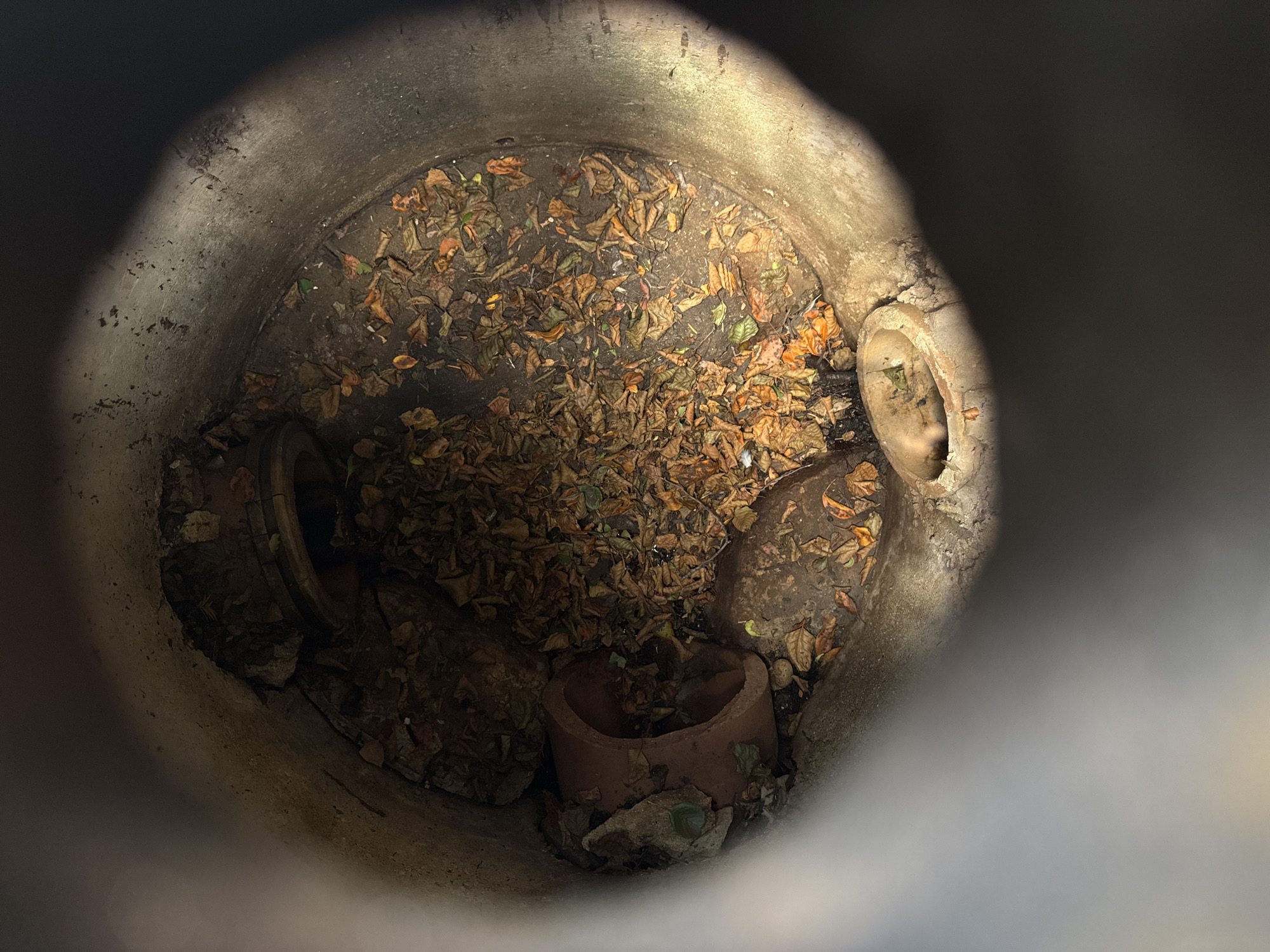 The image depicts the interior of a circular concrete structure, possibly a well or drain, filled with water and fallen leaves. The walls of the structure are rough and discolored. There are several pieces of broken terracotta pipe within the structure. The scene appears to be outdoors, with natural light filtering into the opening, creating shadows and highlights. There is no visible indication of the specific location in Chicago, United States of America.