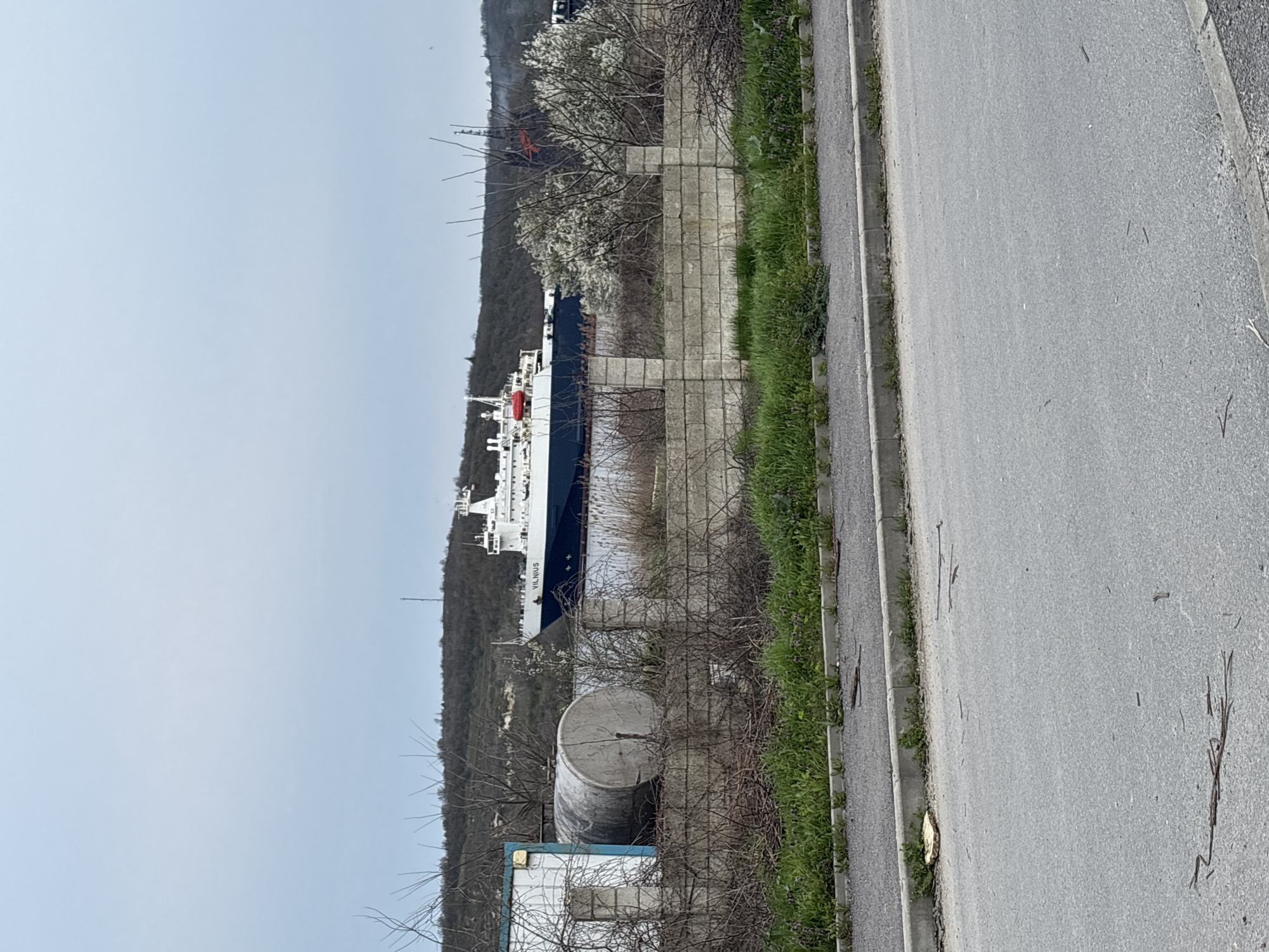 The image depicts a roadside view in Strashimirovo, Bulgaria. To the right is a gray asphalt road with a concrete curb separating it from a grassy area. Behind the grass is a concrete wall, seemingly part of an industrial or port facility. A large ship, named "VILNIUS," is docked behind the wall. The ship has a blue hull and a white superstructure. To the left, there is a storage tank and a small building next to dense foliage. The sky is overcast, suggesting a cloudy day.