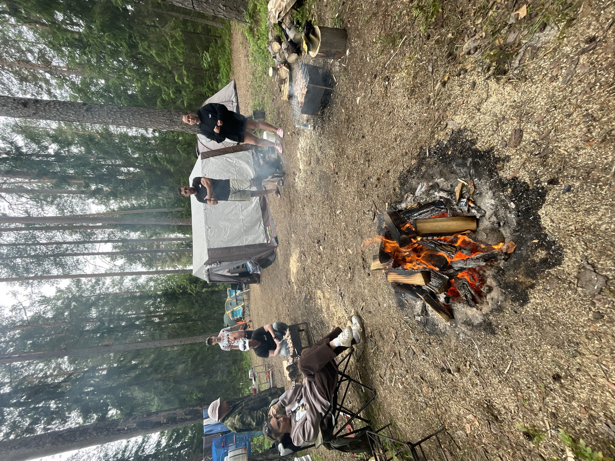 A group of six individuals, four men and two women, are gathered around a campsite in a forest. The scene appears to be in Roshchino, Russia, given the context of the request. A campfire is burning in the foreground, with logs and embers visible. In the middle ground, a large tent is set up, and several people are standing or sitting near it. One man is crouched over a portable grill, cooking meat. Another woman is seated in a folding chair, observing the scene. In the background, more tents and camping equipment are visible, along with numerous tall pine trees that dominate the environment. The ground is covered with dirt, wood chips, and dry leaves, indicating a typical forest floor setting. The lighting suggests it is daytime, with overcast or filtered sunlight due to the dense tree canopy.