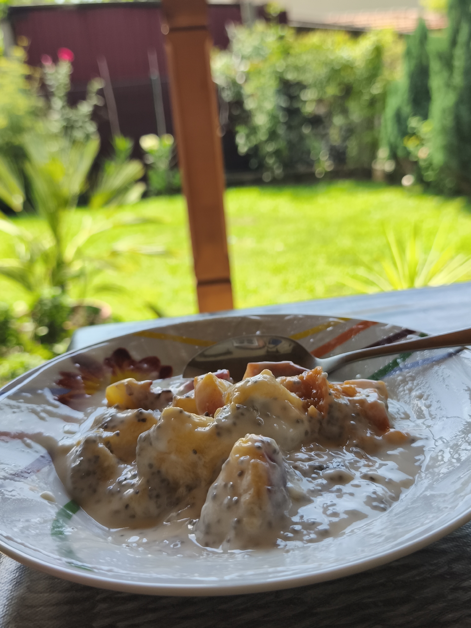 A close-up, slightly angled shot shows a white plate filled with a creamy dessert containing fruit pieces and chia seeds. The dessert is served with a spoon resting on the edge of the plate. The background is blurred, revealing a lush green garden with trees and foliage, suggesting an outdoor setting, possibly a patio or balcony. The hint images suggest the location is in Aytos, Bulgaria, with glimpses of a building's roof and a wooden post indicating it is likely a residential backyard. The lighting suggests it is daytime, with sunlight filtering through the greenery. No people are visible in the image.