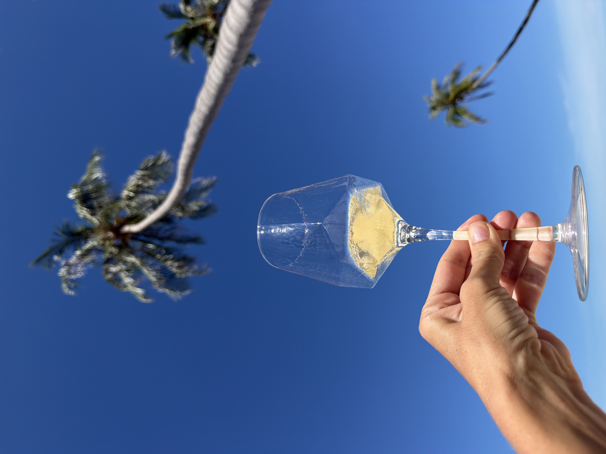 A person's hand holds a champagne flute filled with a pale yellow, bubbly liquid. The glass is tilted, with the liquid filling the lower portion. The background is a vibrant, clear blue sky with the tops of several palm trees visible. One palm tree trunk is prominently positioned in the upper left of the frame, appearing thick and textured, while other palm fronds are blurred and out of focus in the upper and middle right. The perspective is from below, looking up towards the sky and the palm trees, suggesting an outdoor, tropical setting. The bright blue sky indicates it is daytime, likely sunny and warm, consistent with the location context of Baan Thong Krut, Thailand. The overall impression is one of relaxation and celebration, possibly a toast or enjoying a drink in a tropical paradise. There is no visible text in the image.