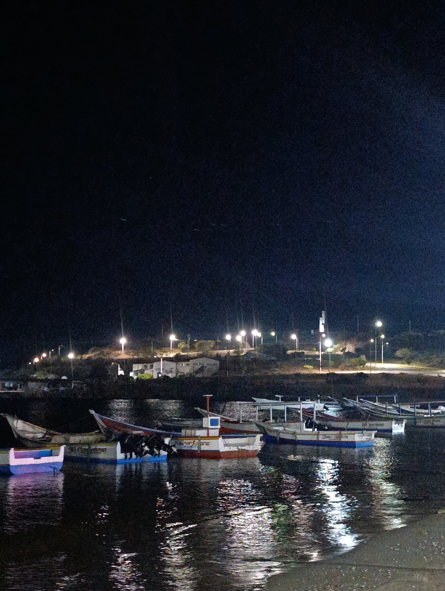 The image depicts a night scene in Juan Griego, Venezuela, featuring a harbor with several small fishing boats moored close together. The boats are painted in various colors, including white, blue, red, and purple. Reflections of the lights and the boats are visible on the water's surface. In the background, there is a settlement on a hill with streetlights illuminating the area. The sky is dark, with a few visible stars. The overall scene suggests a quiet evening in the harbor.