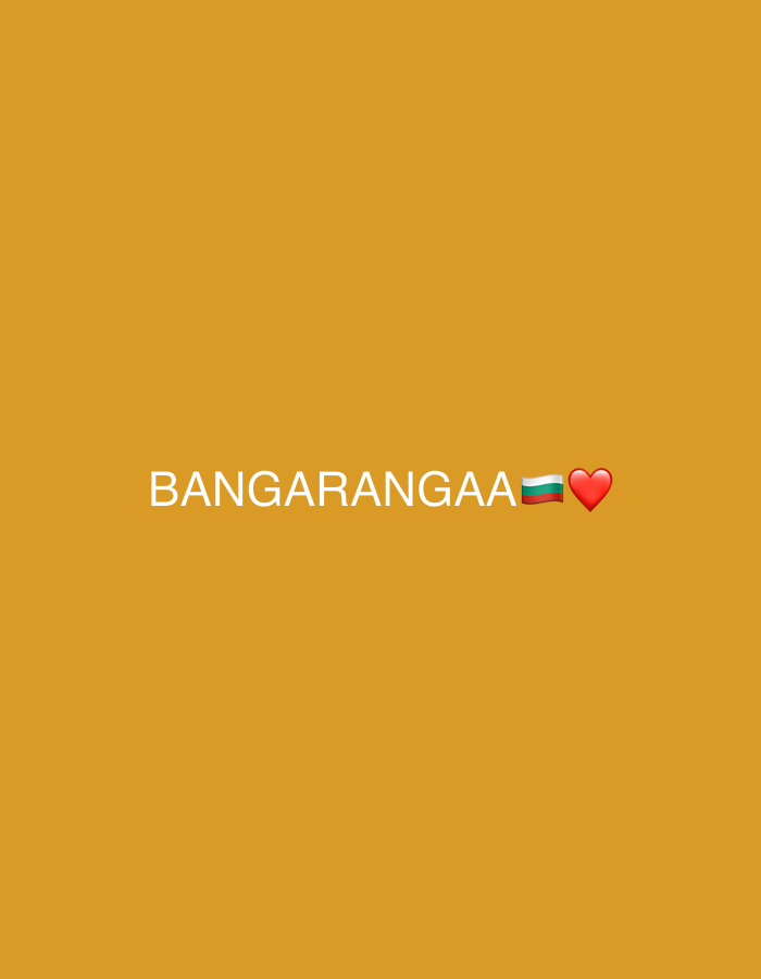 A digital image features the word "BANGARANGA" in white font, followed by the Bulgarian flag emoji and a red heart emoji, centered on a solid golden-yellow background. The image does not contain any information related to Sofia, Bulgaria, or any people, subjects, objects, actions, or interactions within that environment.