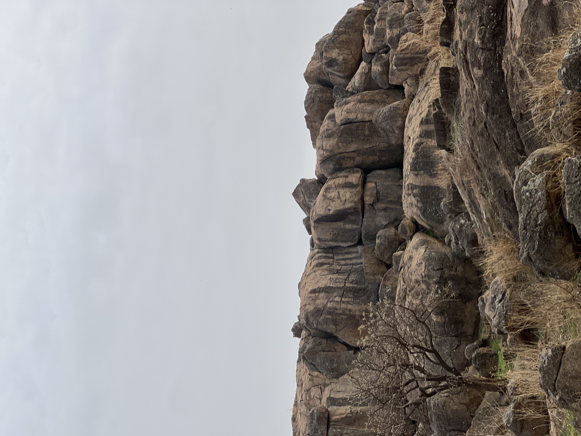 The image presents a close-up view of a rocky cliff face under an overcast sky. The rocks are a mix of browns and greys, displaying horizontal striations. Some sparse, dry vegetation, including grass and a small bare tree, clings to the rock surface. The cliff is positioned on the right side of the frame, with a large expanse of grey sky filling the left. Based on the mention of Bukuru, Nigeria, it is likely that the cliff formation is found in this city's surrounding landscape, but specific location details are absent within the image itself. No people or active events are visible.