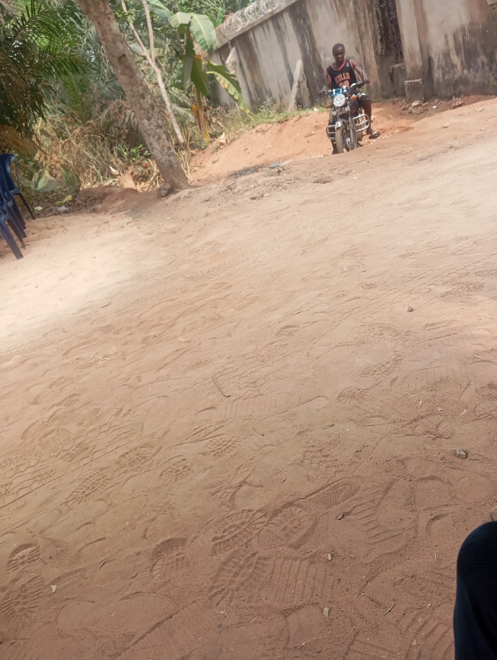 The scene is set outdoors in Okpatu-Ukehe, Nigeria, under bright daylight. The foreground is dominated by reddish-brown earth, extensively marked with various shoe and boot prints. In the mid-ground, a male subject is seated on a dark-colored motorcycle on a slightly elevated dirt path. He is wearing a dark sleeveless top emblazoned with "BULLS" text. His feet are on the ground, indicating the motorcycle is stationary or at rest. The motorcycle's headlight emits a bluish glow. Behind the subject and motorcycle, a concrete wall topped with barbed wire or razor wire spans horizontally, separating the foreground from a dense backdrop of green vegetation, including identifiable banana plants. A structure with a dark aperture, possibly a doorway, is visible beyond the wall to the right of the motorcycle. On the far left of the foreground, two blue plastic chairs are partially visible, stacked and resting against an unseen object amidst sparse vegetation. The lower right corner of the image shows a portion of dark fabric, consistent with a person's leg or knee, suggesting the perspective of the observer.