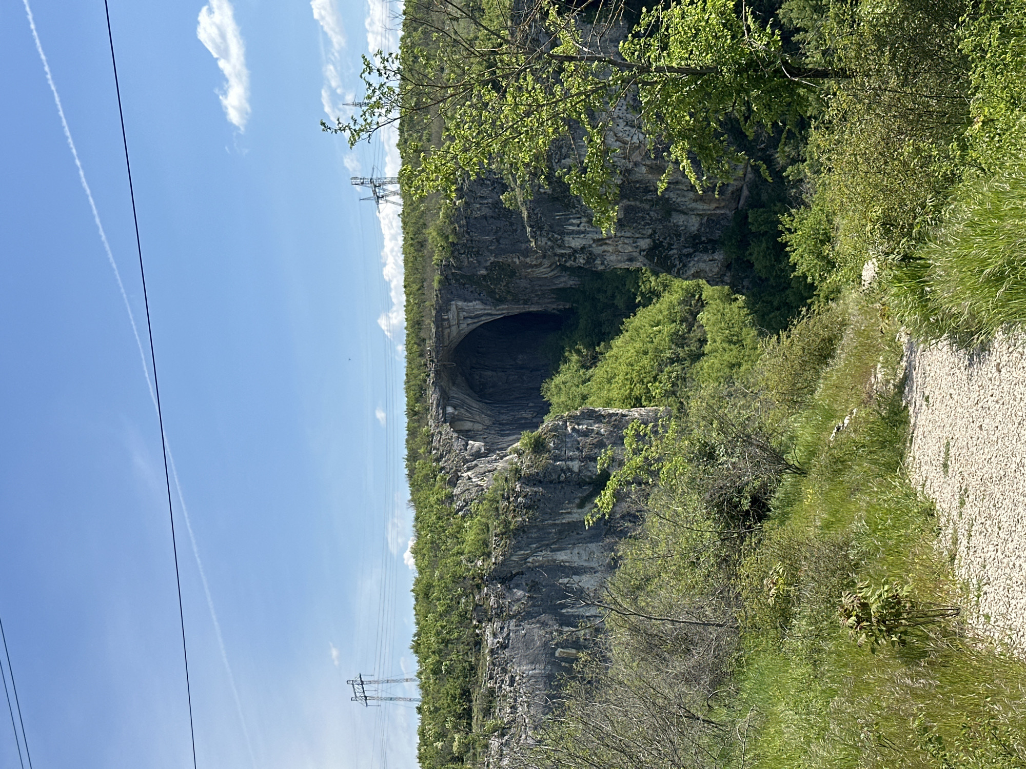 The image depicts a vertical, outdoor view of Prohodna Cave near Karlukovo, Bulgaria. The cave entrance is a large, natural hole in a cliff face covered with green vegetation. A gravel path runs along the base of the cliff on the right side of the image. High-voltage power lines and towers are visible against a blue sky with scattered clouds on the left side of the image.