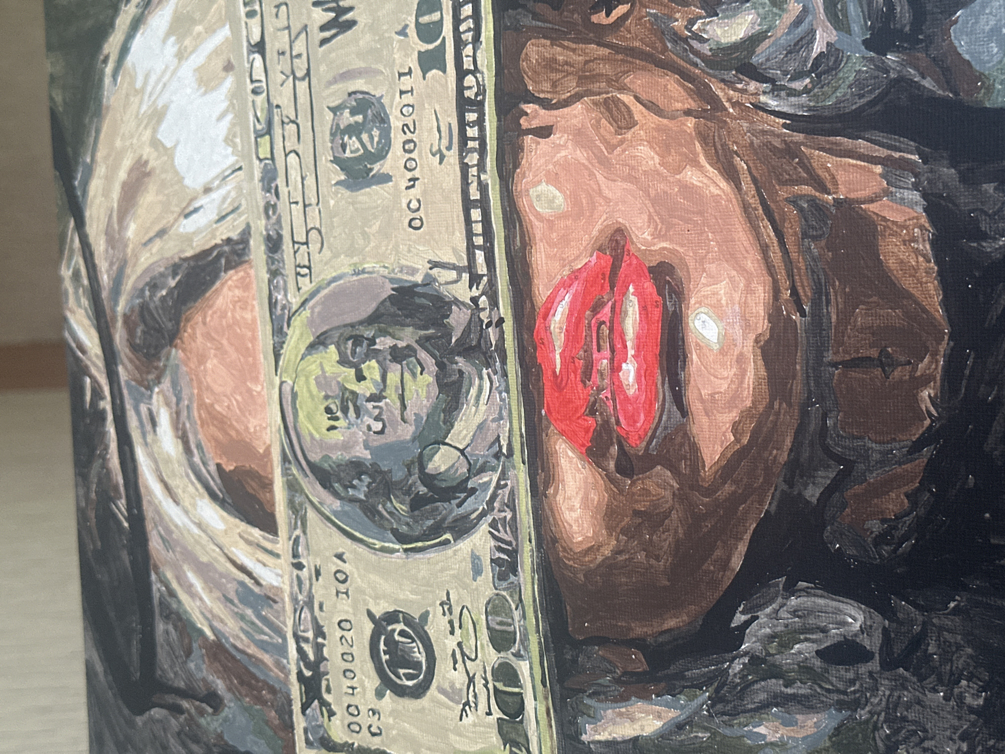 The image is a close-up of a painting depicting a face obscured by a dollar bill. The face, rendered in shades of brown and pink, has red lipstick on the lips. A US dollar bill is positioned vertically over the face, partially obscuring it. The dollar bill displays the image of George Washington and serial numbers. The background of the painting consists of dark strokes. The location Высокий, Russia is not visually present in the image.