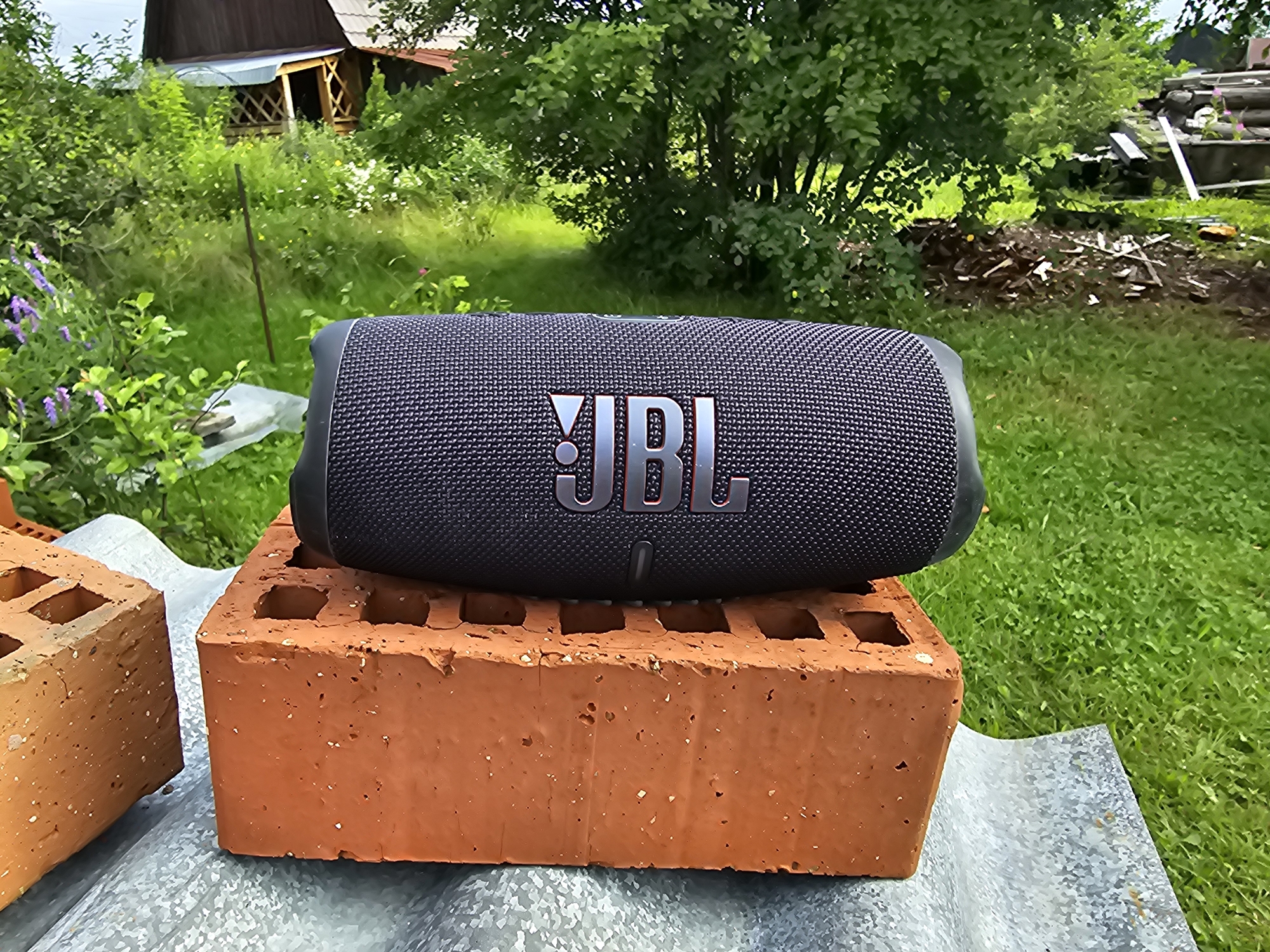In Gaivinskoe Lesnichestvo, Russia, a black JBL portable speaker is positioned on top of a brick, which itself rests on a corrugated metal surface. The scene is outdoors, with a backdrop of lush green grass, trees, and a wooden structure that appears to be a house or shed. There are also some purple wildflowers in the foreground. The image is captured from a medium distance, providing a clear view of the speaker and its immediate surroundings.